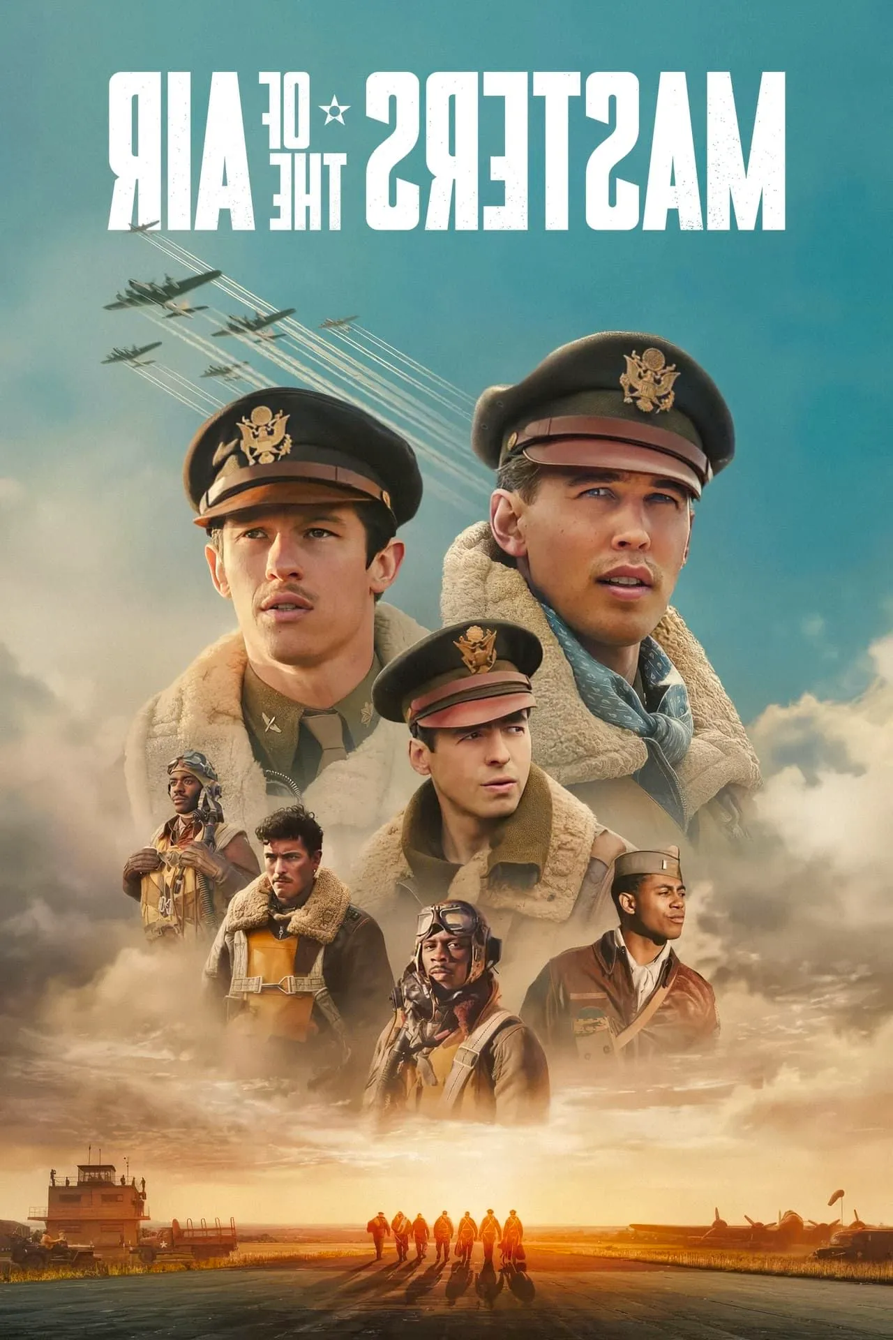 Masters of the Air TV Show Poster showing Austin Butler and Several Air Pilots in World War II Uniforms Image