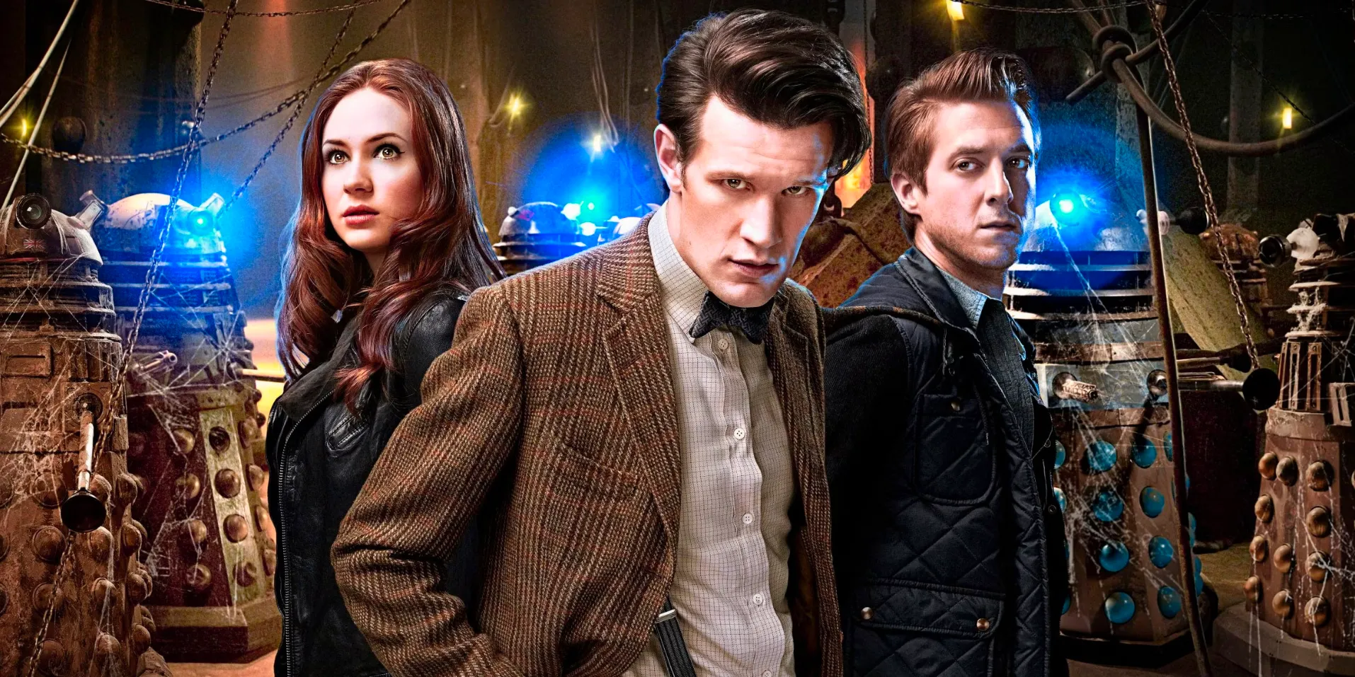 Matt Smith as 11th Doctor with Rory and Amy surrounded by Daleks in Doctor Who Image