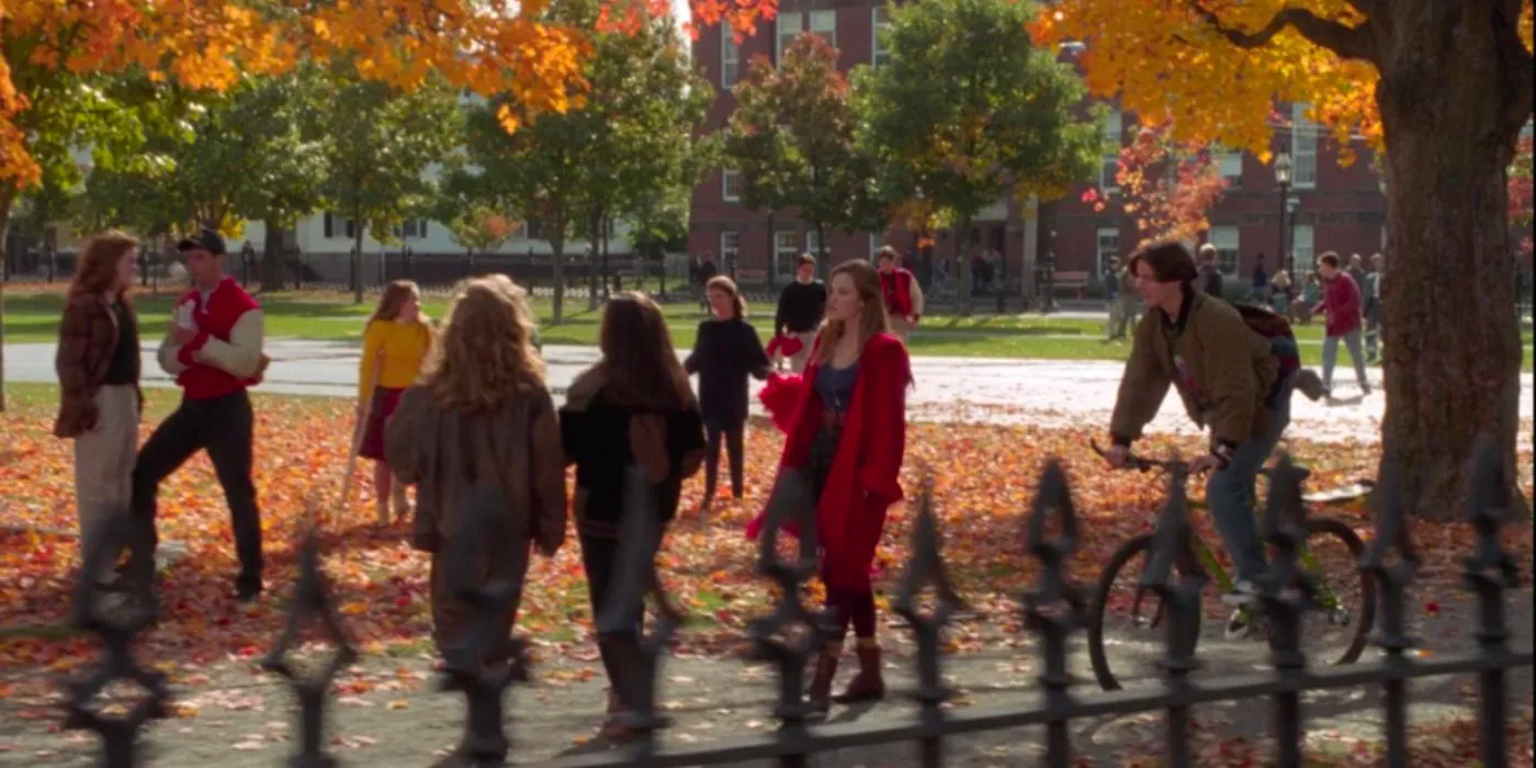 Max (Omri Katz) riding up to Allison (Vinessa Shaw) in the Town Park in Hocus Pocus Image