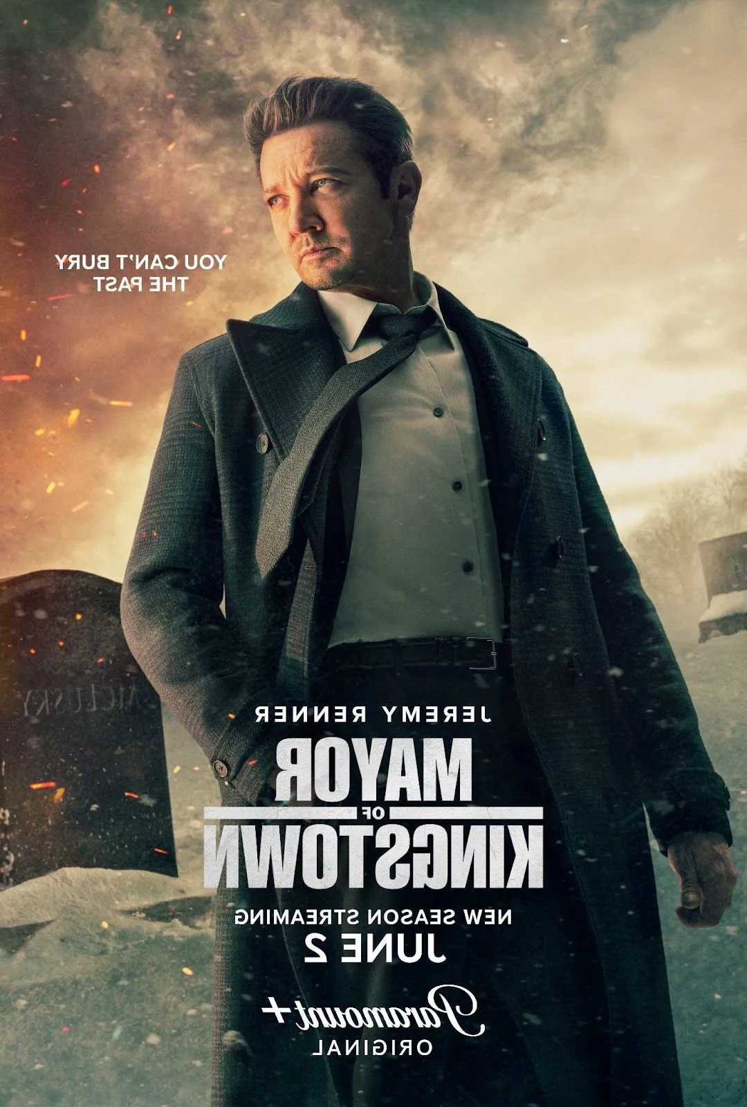 Mayor of Kingstown Season 3 Poster Showing Jeremy Renner Standing in Front of a Tombstone Image