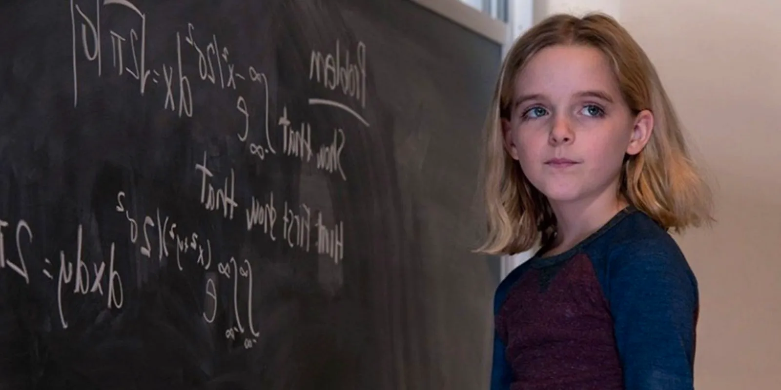 Mckenna Grace standing by a blackboard in Gifted Image