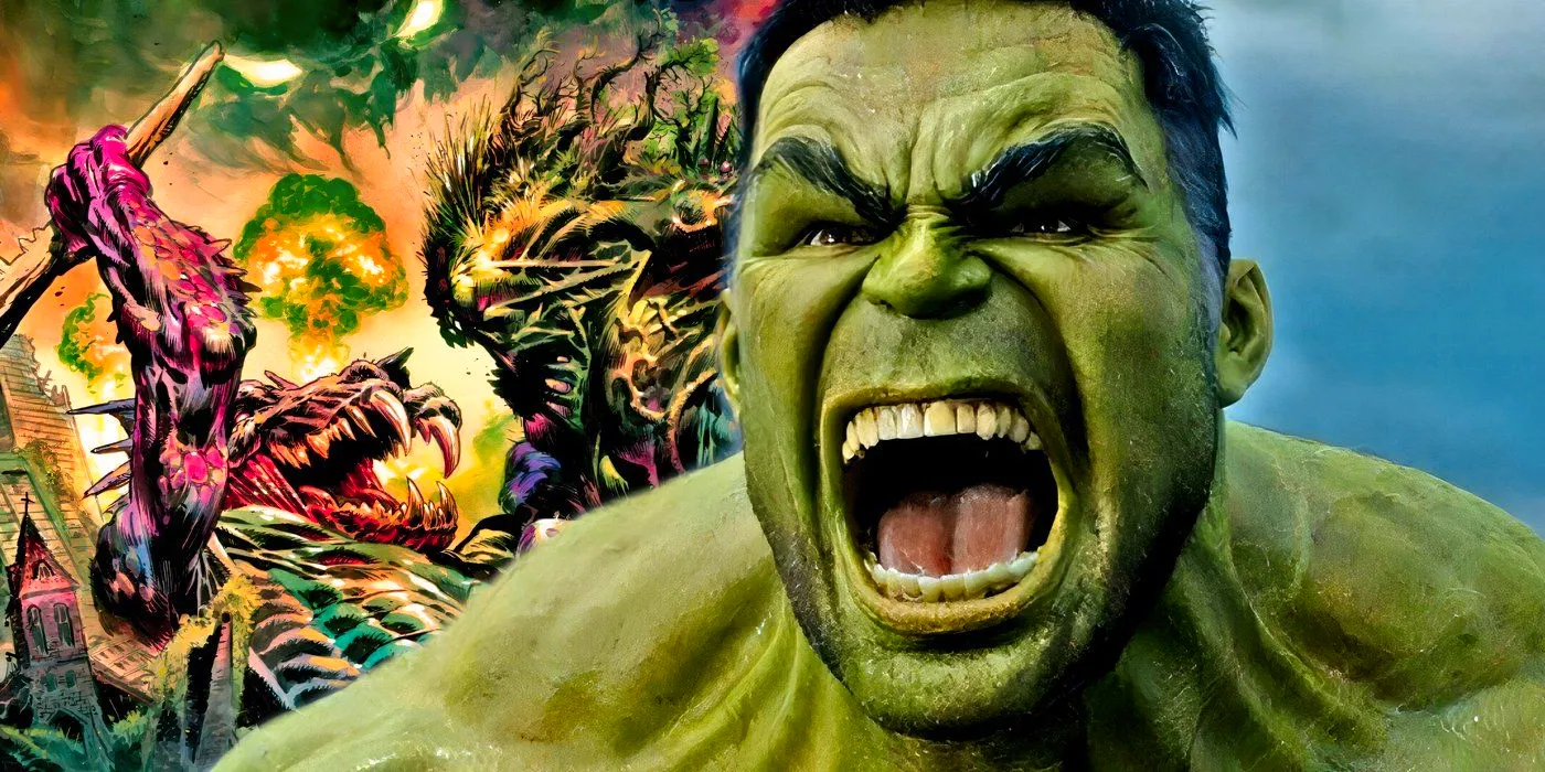 MCU Hulk screaming while two giant demon monsters fight behind him. Image