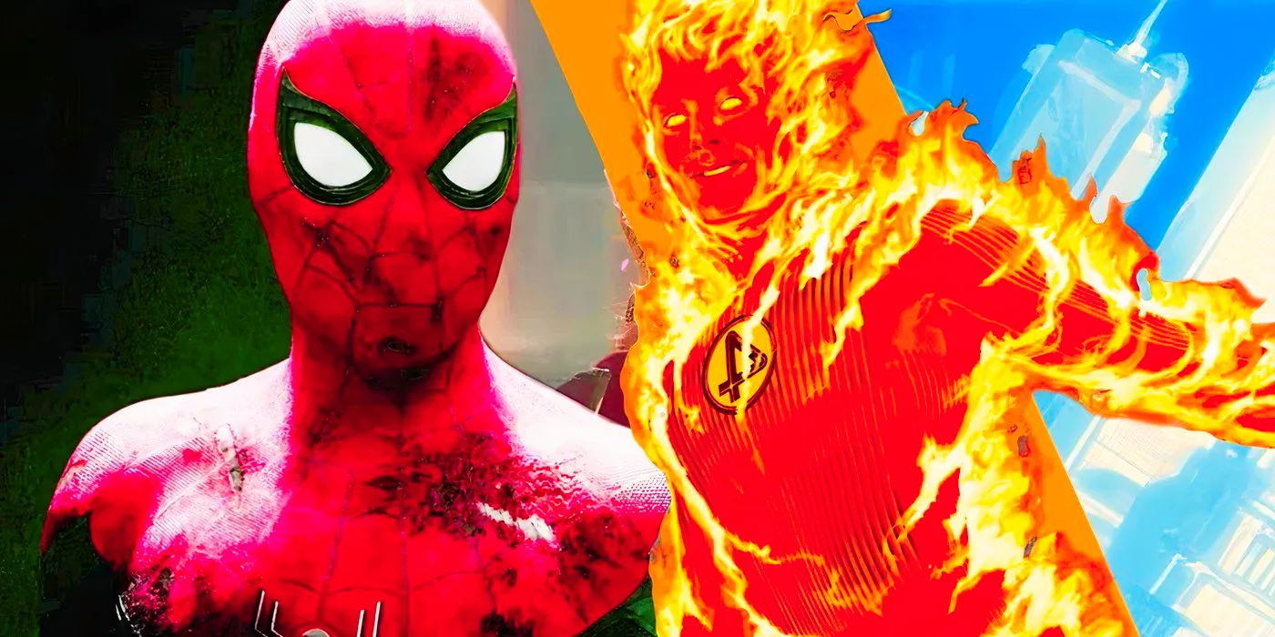 MCU Spider-Man battle worn to the right and comic Human Torch flying in flames to the left Image