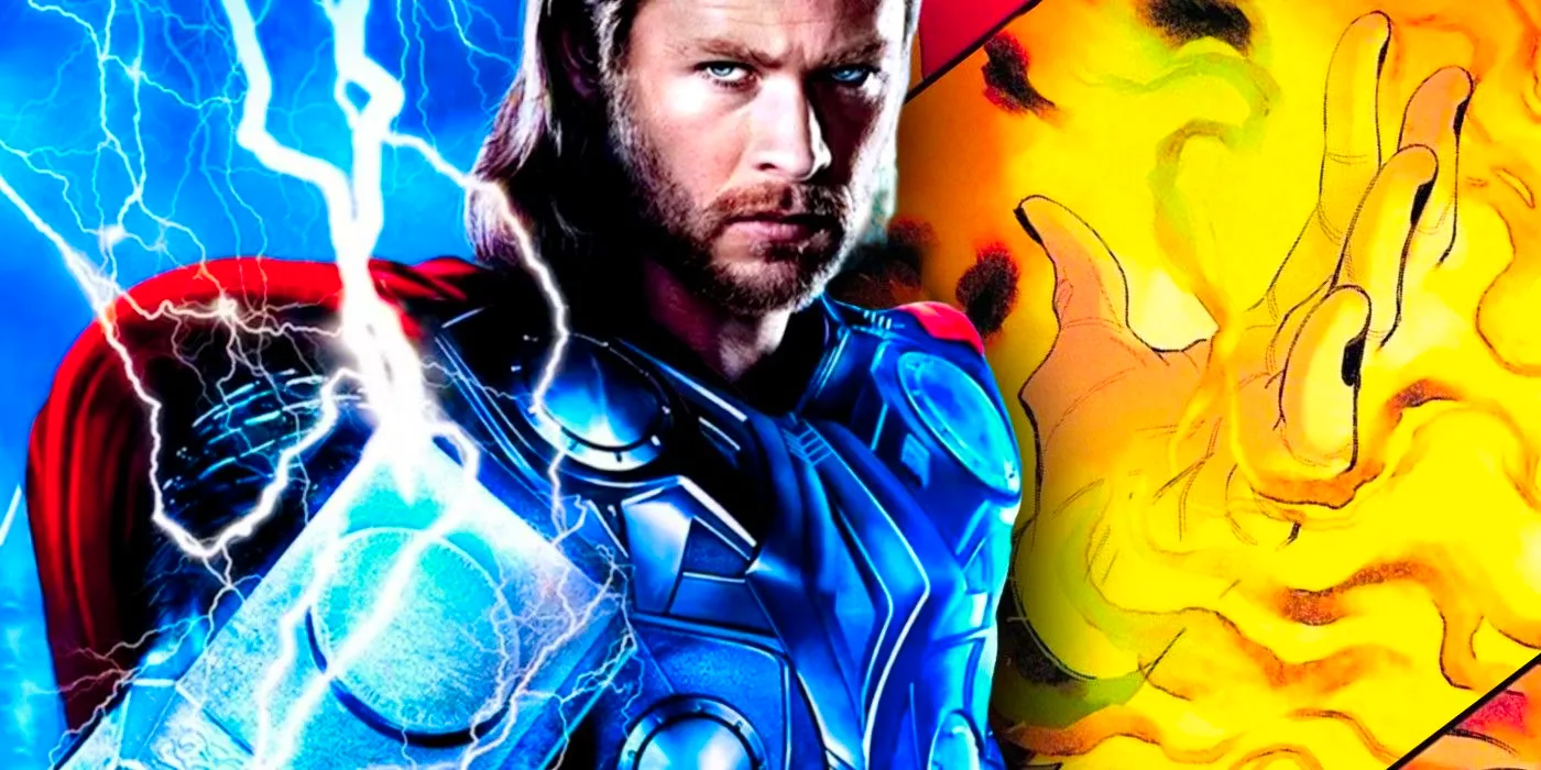 mcu thor in foreground with a mystical hand in background Image