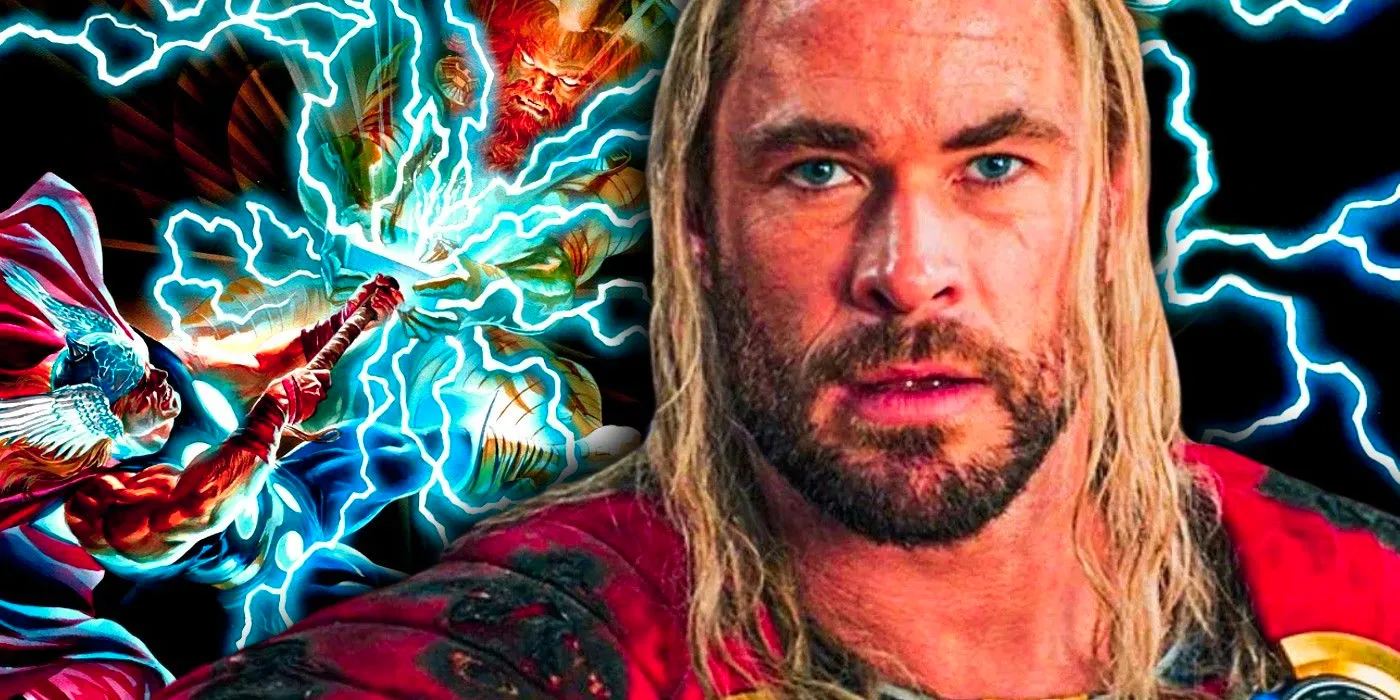 mcu thor in front, alex ross art of thor fighting zeus in back Image