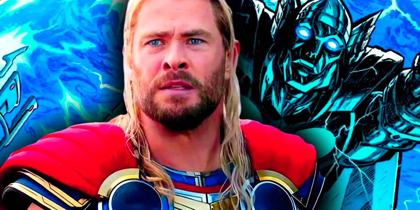 mcu thor in front, gigantic thor statue with comic art behind Image