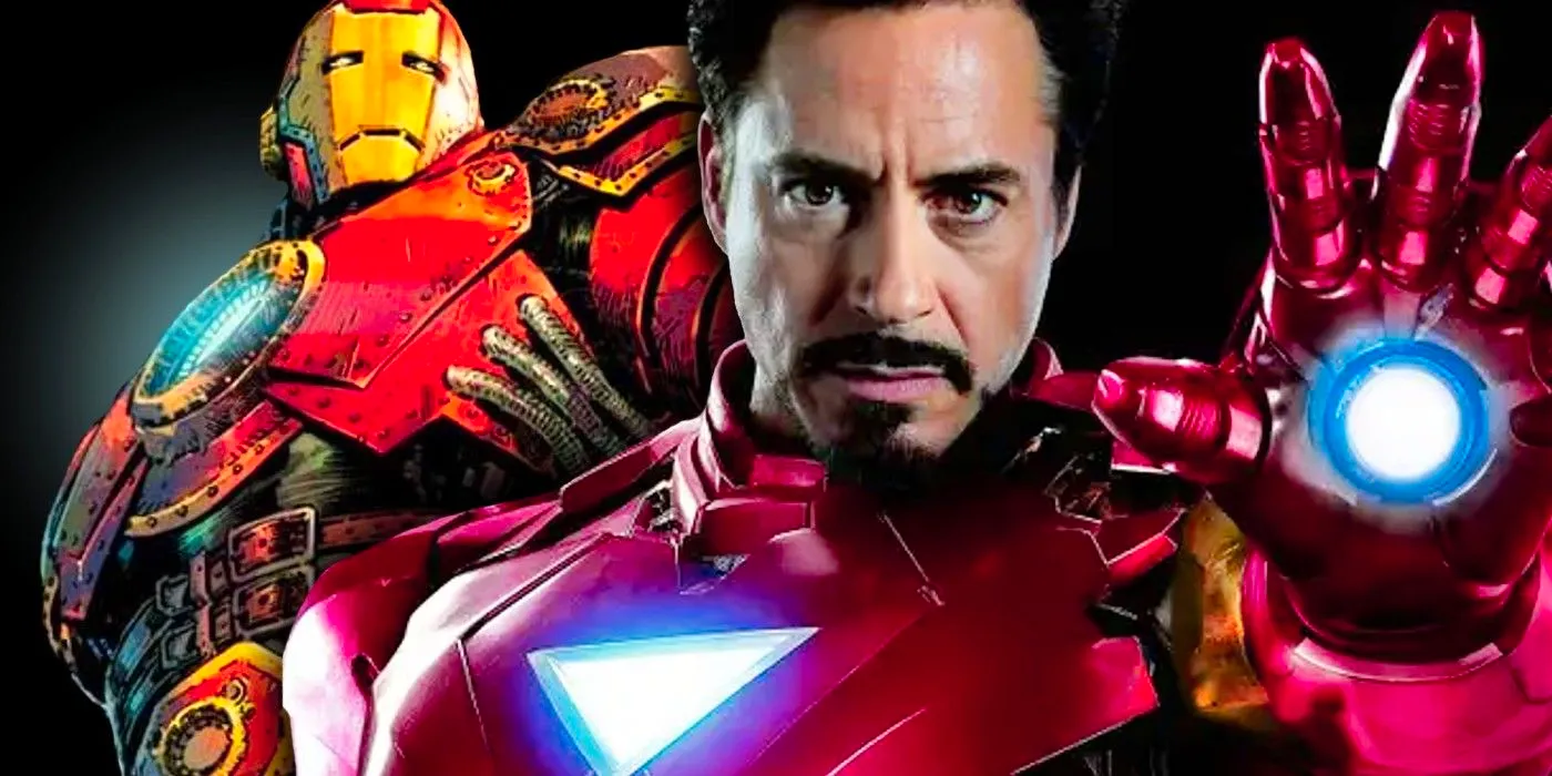 mcu tony stark with comic improvised iron man armor Image