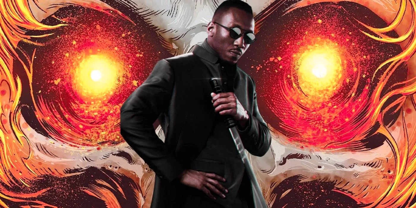 MCU version of Blade (center, foreground) with the Ghost Rider's Penance Stare in the background. Image