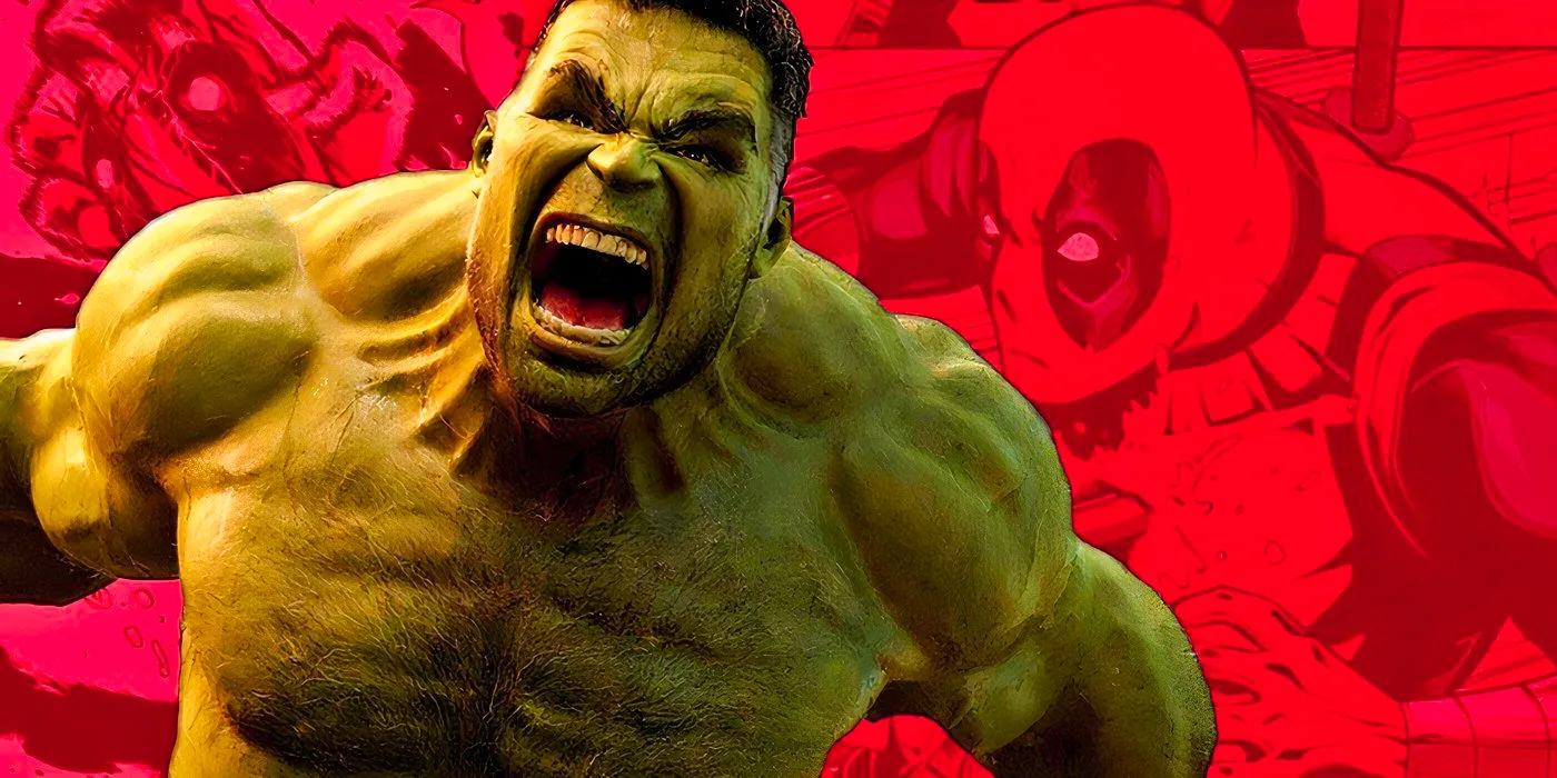 MCU's Hulk screaming with Marvel Comics' Deadpool drenched in red behind him. Image