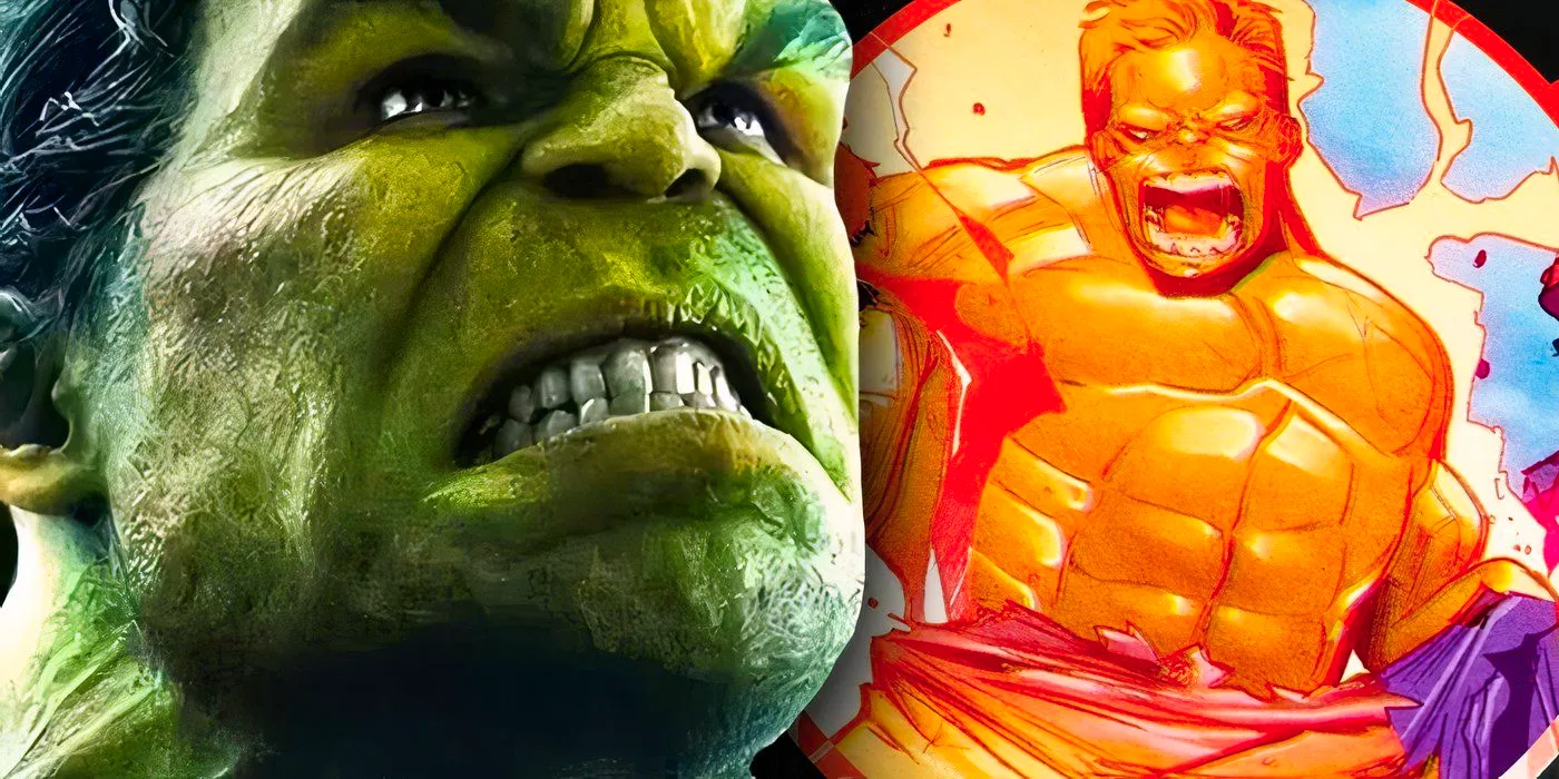 MCU's Hulk with Marvel's new Orange Hulk behind him. Image