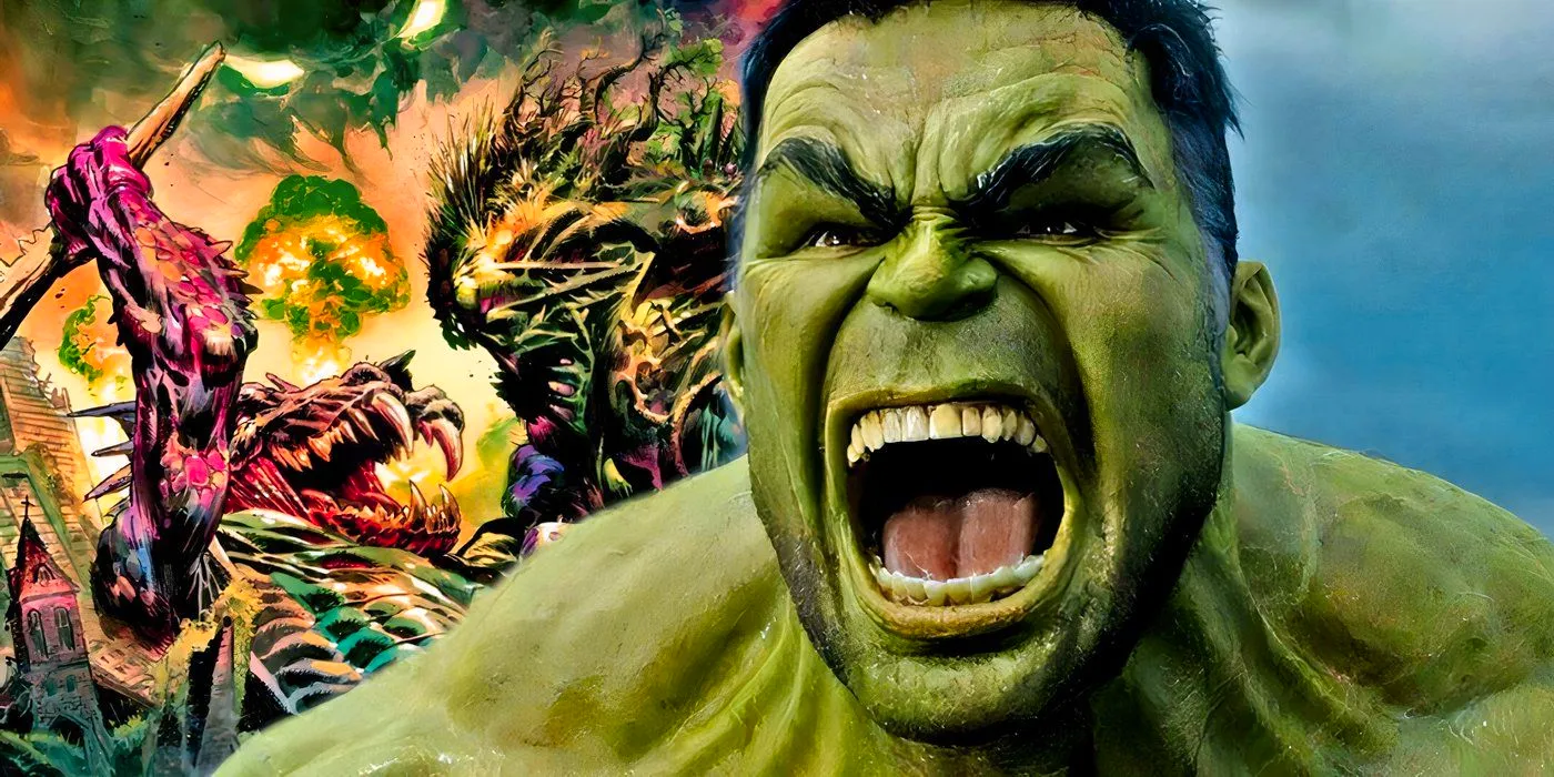 MCU's Hulk with monsters battling behind him. Image