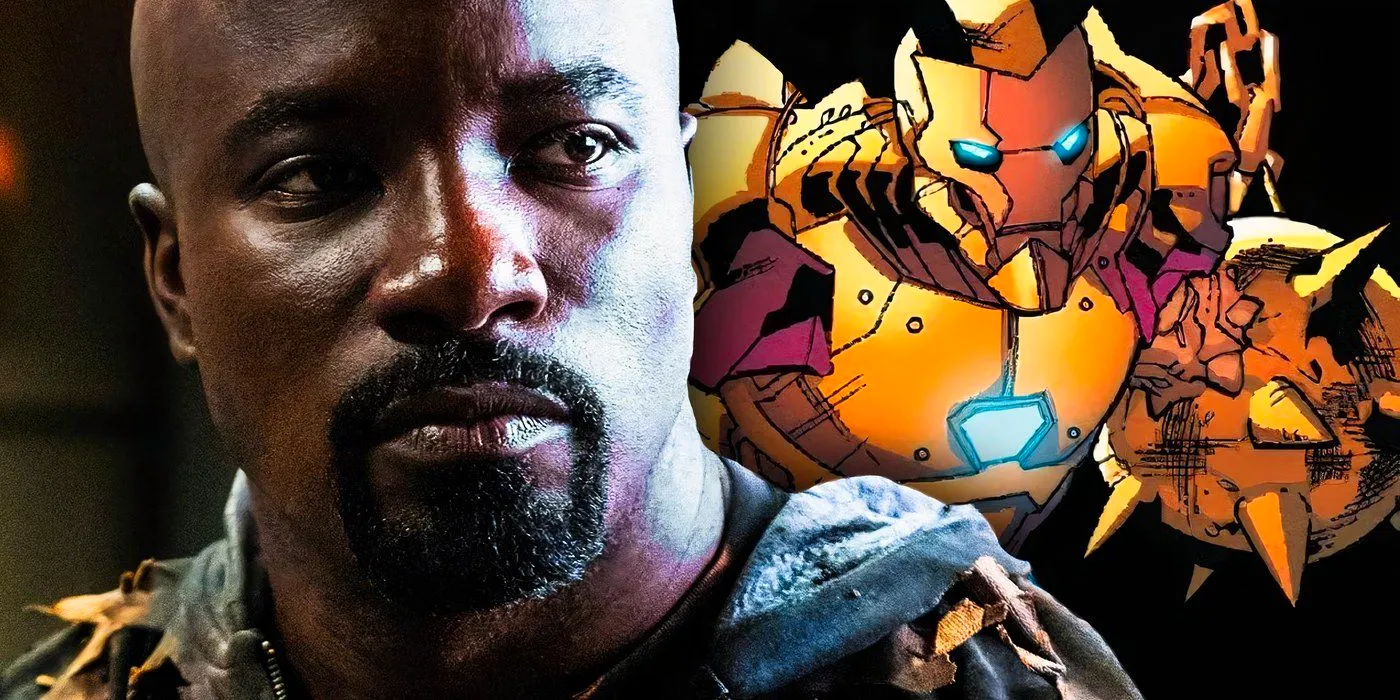 MCU's Luke Cage with his Iron Man armor behind him. Image