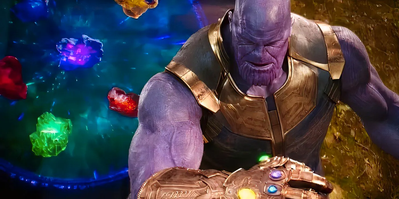 MCU's Thanos looking down at the Infinity Gauntlet on his hand with the Infinity Stones floating behind him. Image