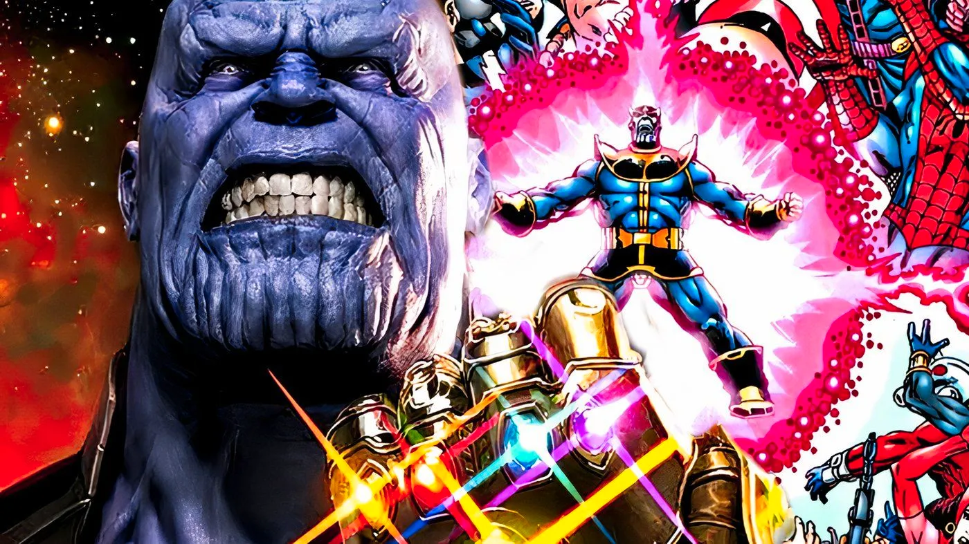 MCU's Thanos wielding the Infinity Gauntlet while Marvel Comics' Thanos surges with power behind him. Image