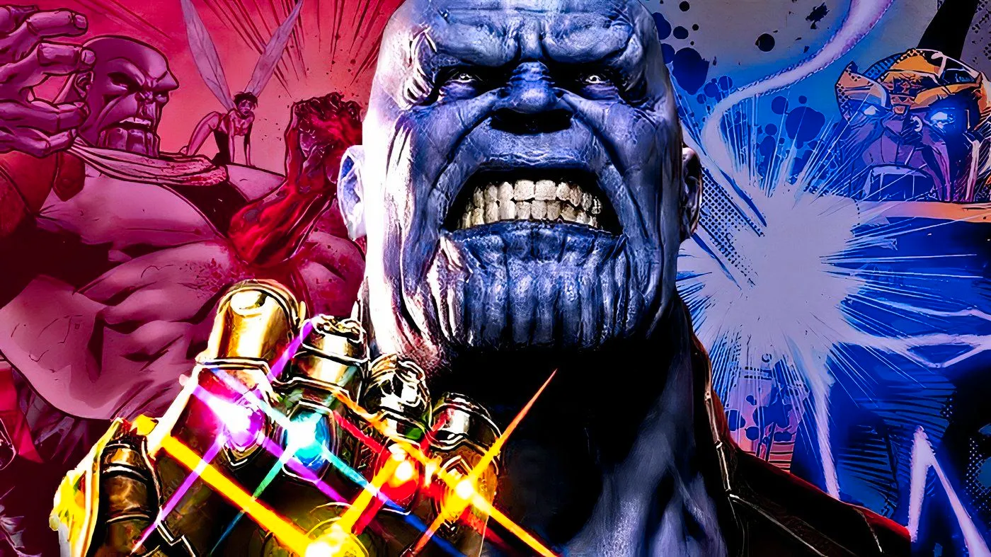 MCU's Thanos wielding the Infinity Gauntlet with other versions of Thanos dying behind him. Image