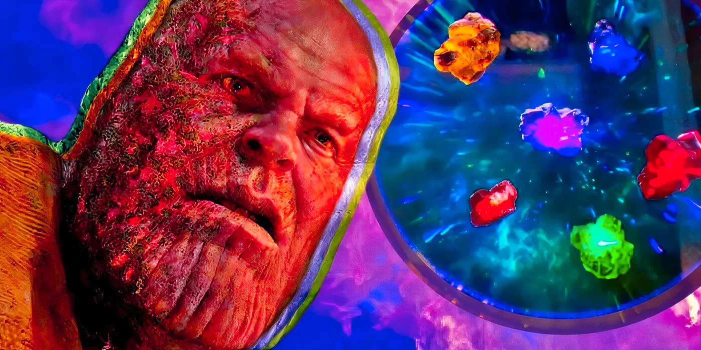 MCU's Thanos with the Infinity Stones floating behind him. Image