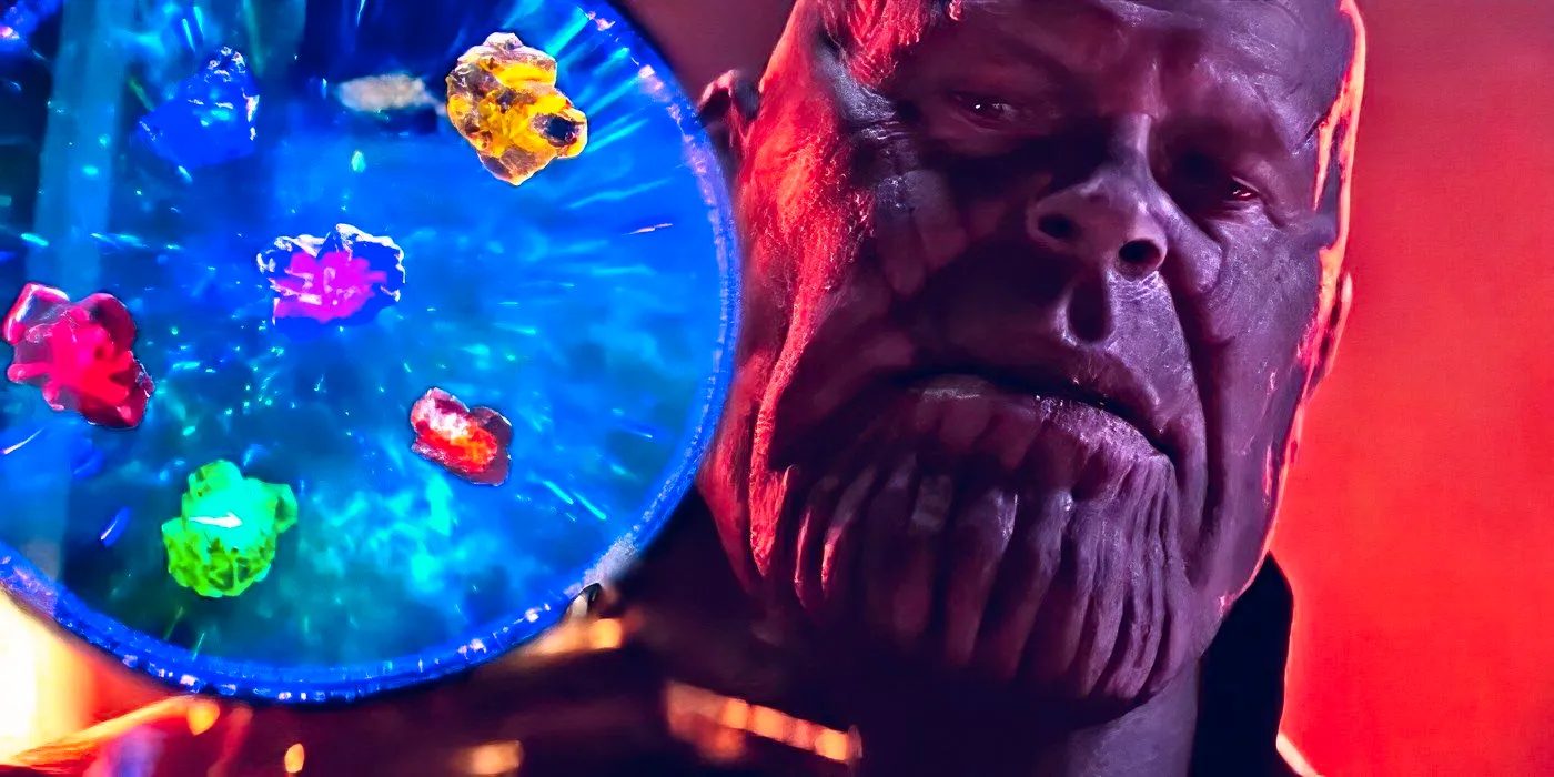 MCU's Thanos with the Infinity Stones next to him. Image