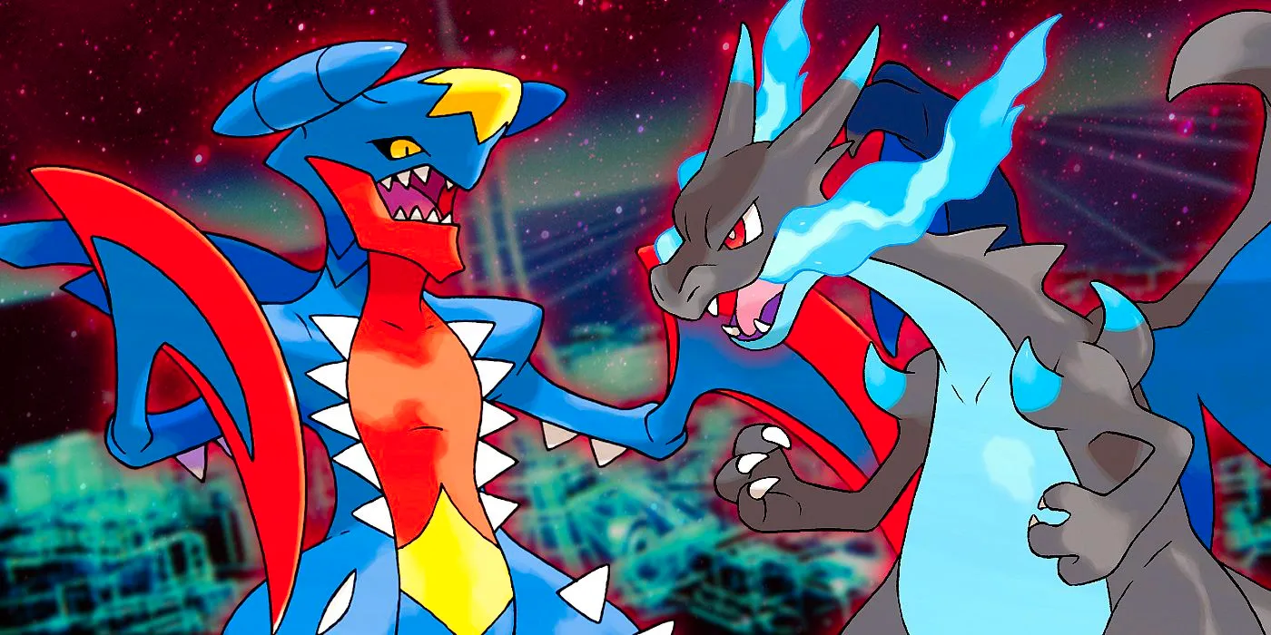 Mega Charizard and Mega Garchomp roar next to each other with Pokémon Legends: Z-A's Lumiose City in the background. Image