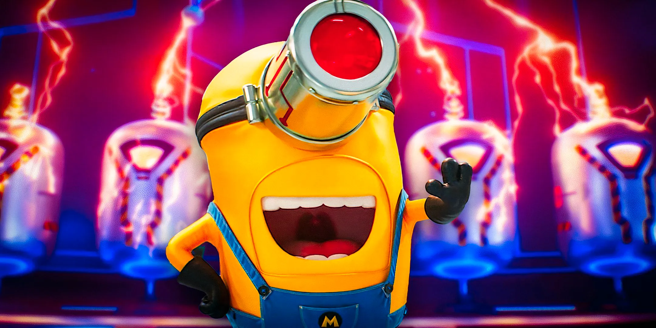 Mel with laser eye as a Mega Minion in Despicable Me 4 and transformation pods Image