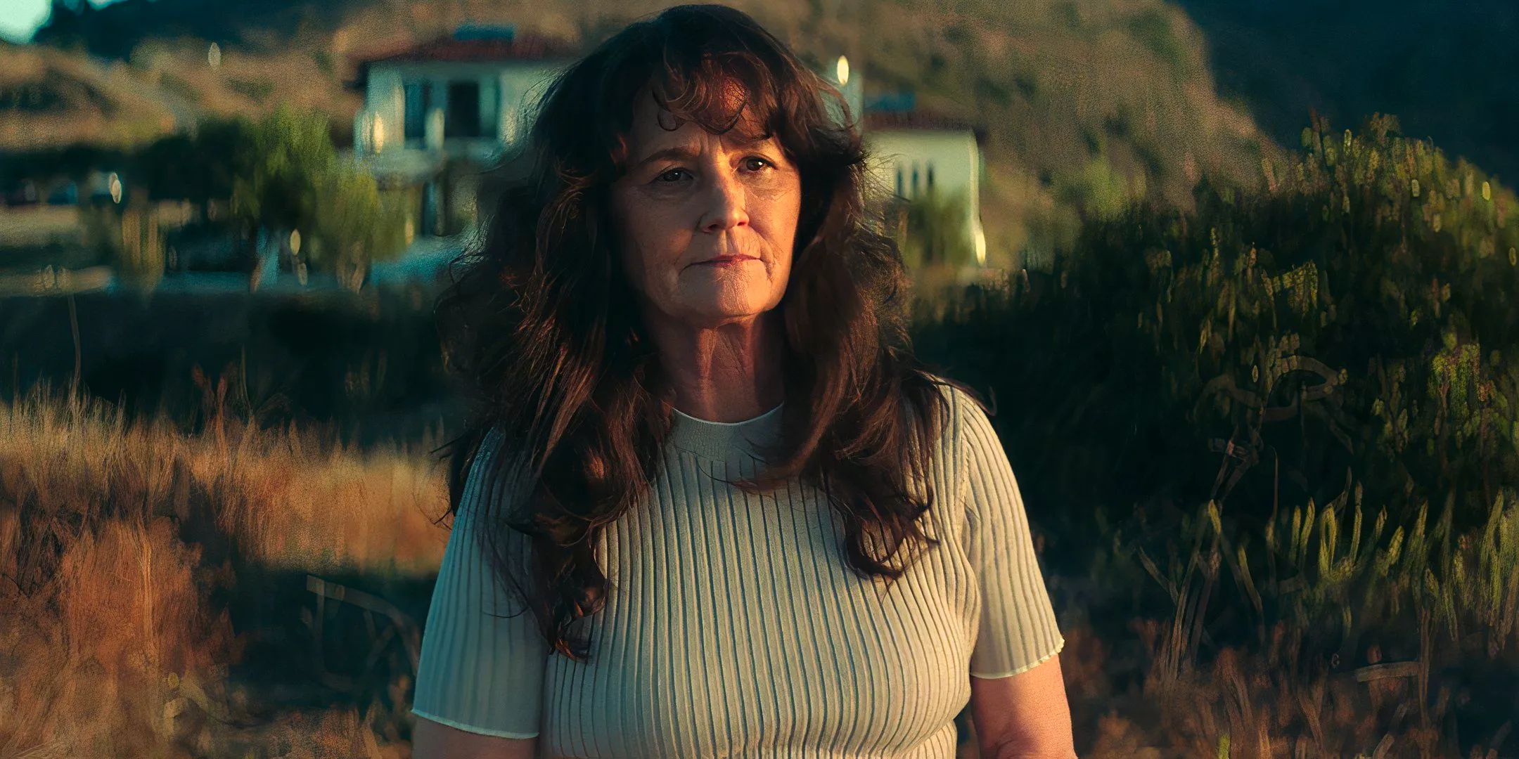 Melissa Leo as Olivia looking smug while standing in the field near her house in Long Gone Heroes Image