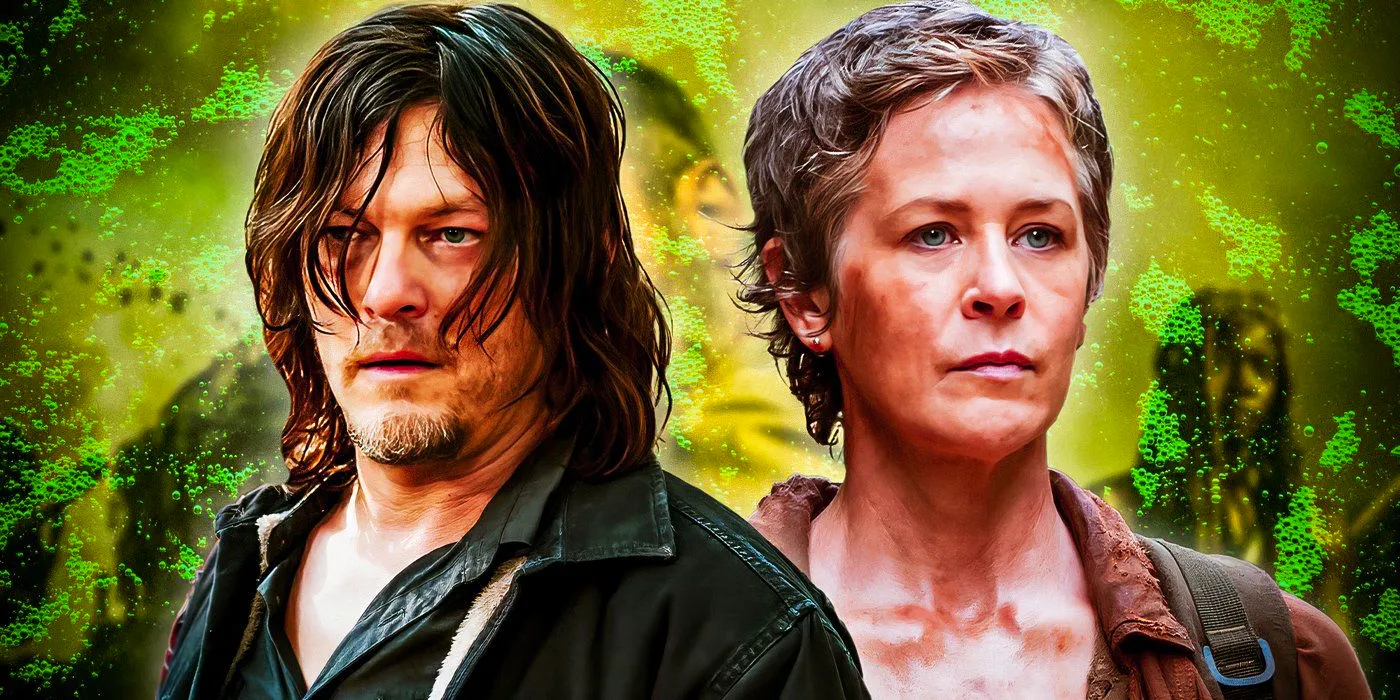 Melissa McBride as Carol Peletier and Norman Reedus as Daryl Dixon in front of a green background in The Walking Dead Image