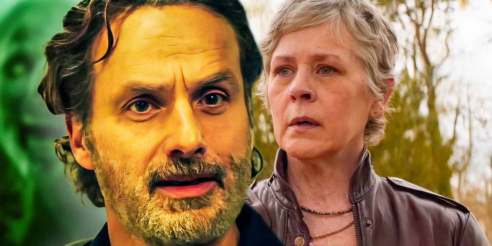 Melissa McBride as Carol Peletier in The Walking Dead Daryl Dixon Season 2 next to Andrew Lincoln as Rick Grimes in The Walking Dead The Ones Who Live Image