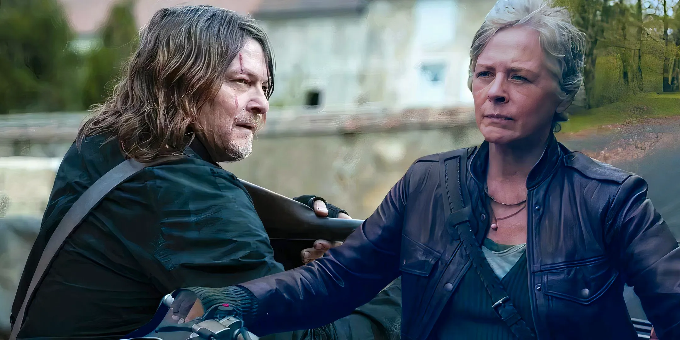 Melissa McBride as Carol riding a motorcycle next to Norman Reedus as Daryl holding a gun in The Walking Dead Daryl Dixon Image