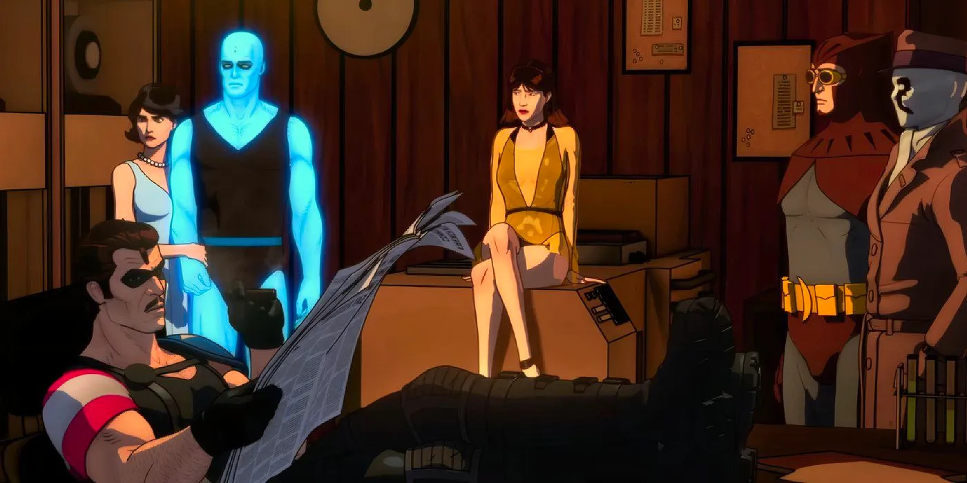 Members of the Watchmen superhero team gather around in the DC animated feature Image