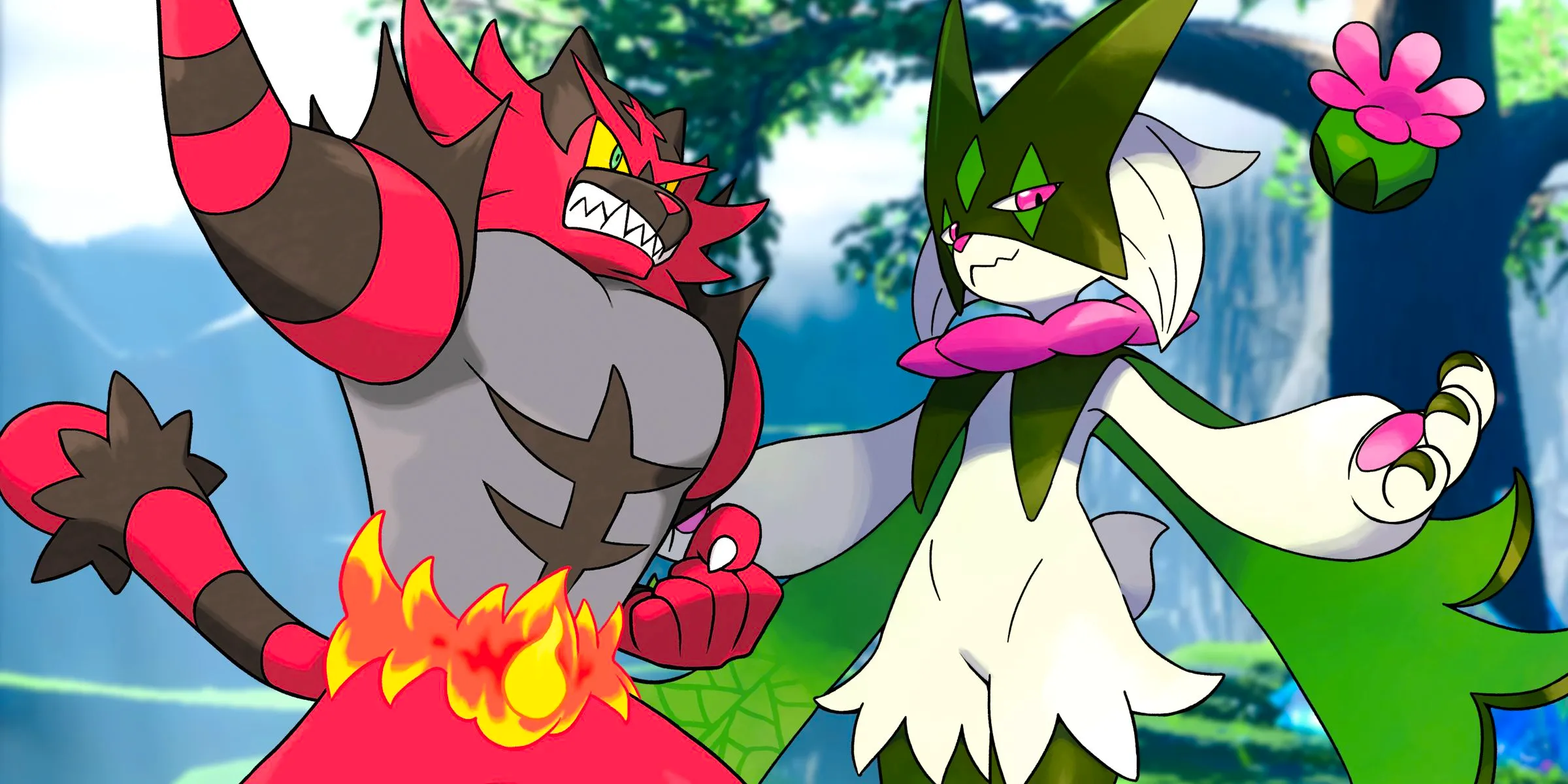 Meowscarada and Incineroar in front of a background of Area Zero from Pokémon. Image