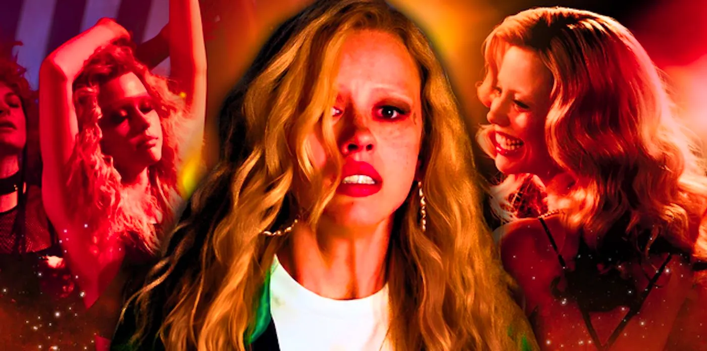 Mia Goth's Maxine smiling, scared, and dancing in MaXXXine Image