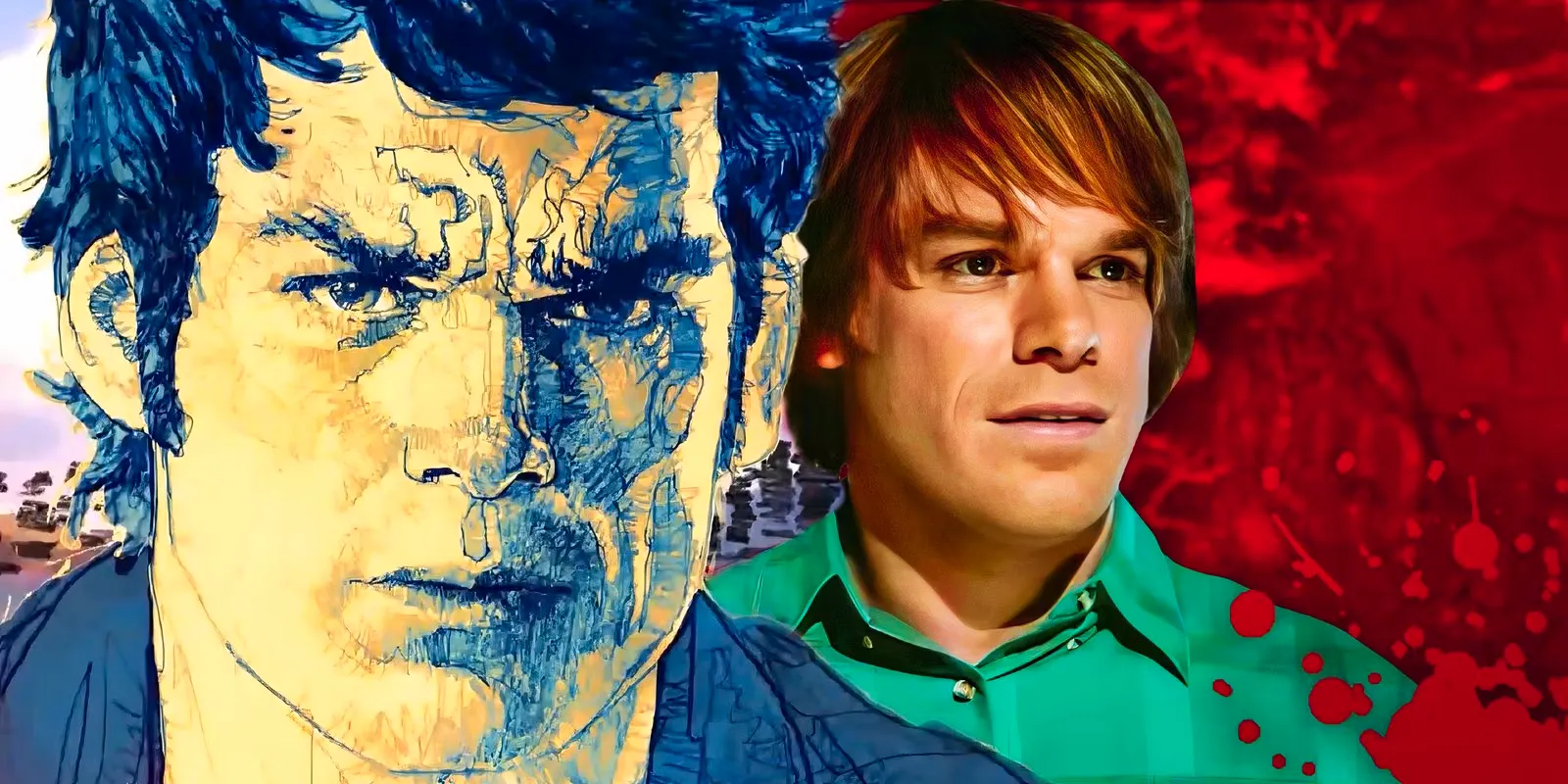 Michael C. Hall as a young Dexter Morgan next to a watercolor painting of Dexter's face in Dexter Early Cuts Image