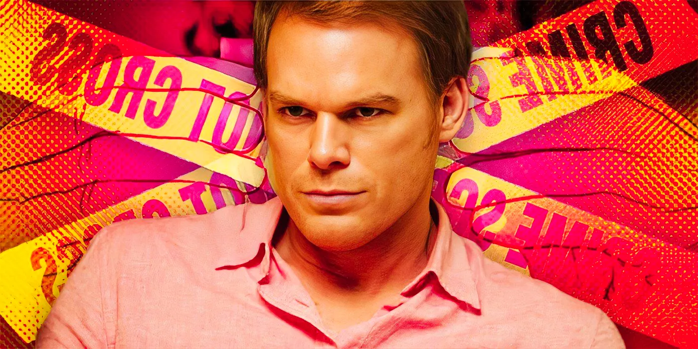 Michael C. Hall as Dexter Morgan softly smirking in front of crime scene tape Image