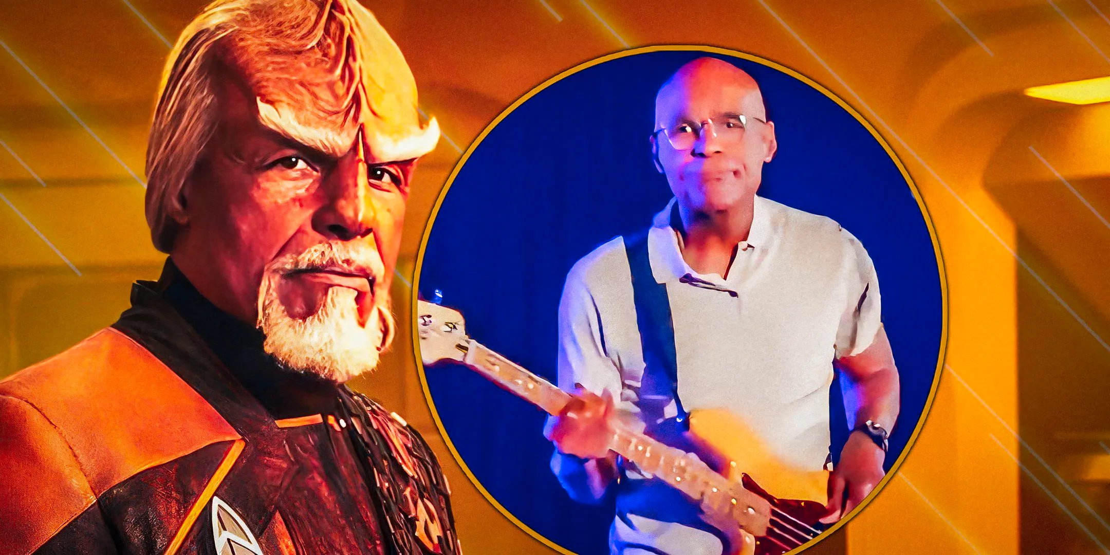 Michael Dorn rocking out on stage and as Worf on Star Trek Image