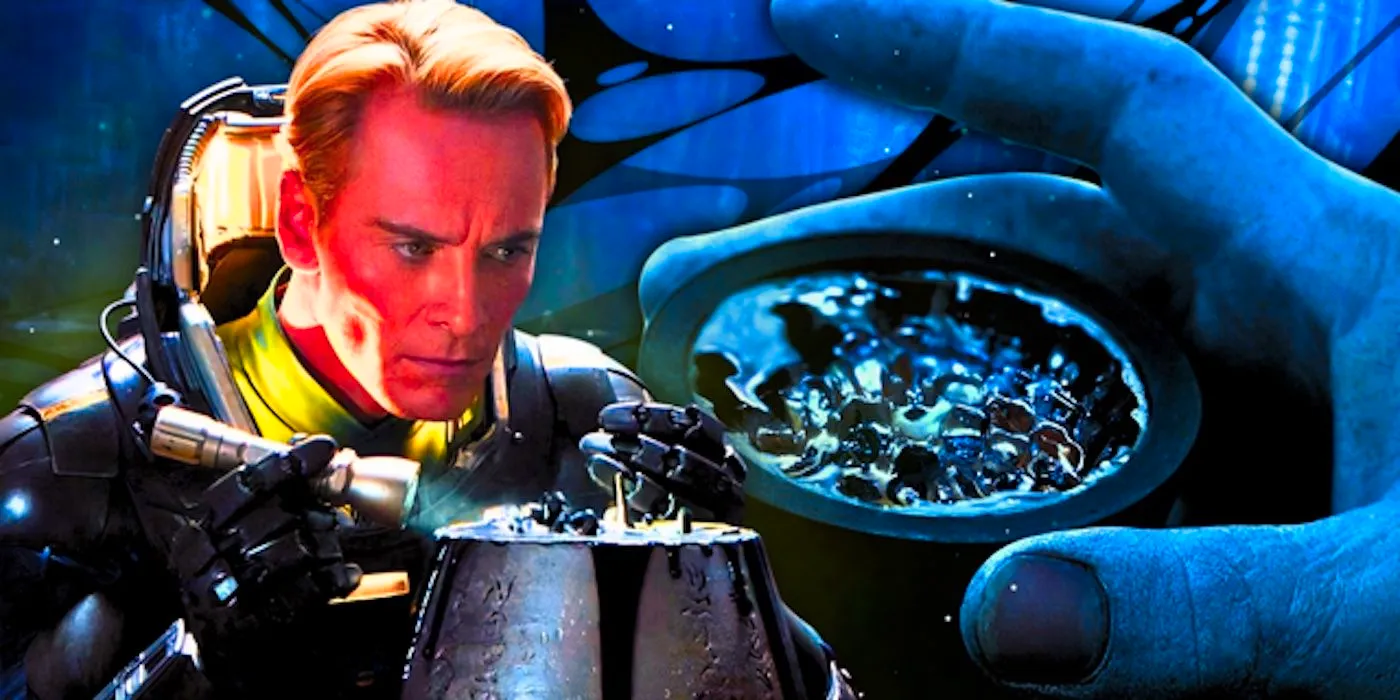 Michael Fassbender's David looks inside an egg in Prometheus Image