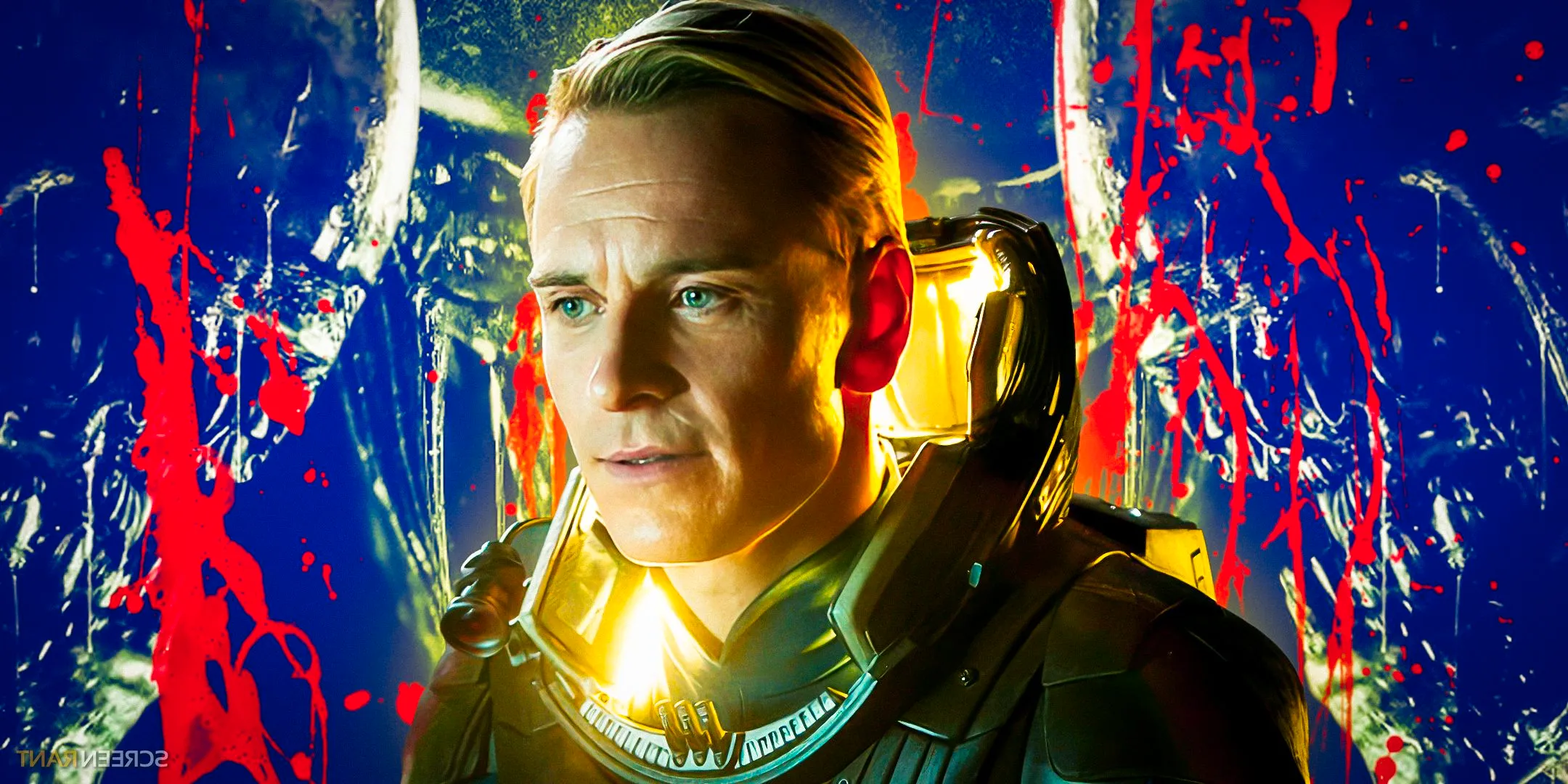 Michael Fassbender's David wearing a spacesuit against the poster of Alien: Covenant Image