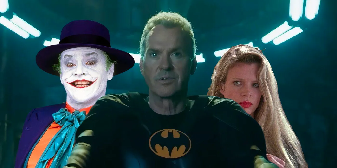 Michael Keaton as Batman in the Flash with 89 Jack Nicholson Joker and Kim Basinger Vicki Vale behind him in the batcave Image