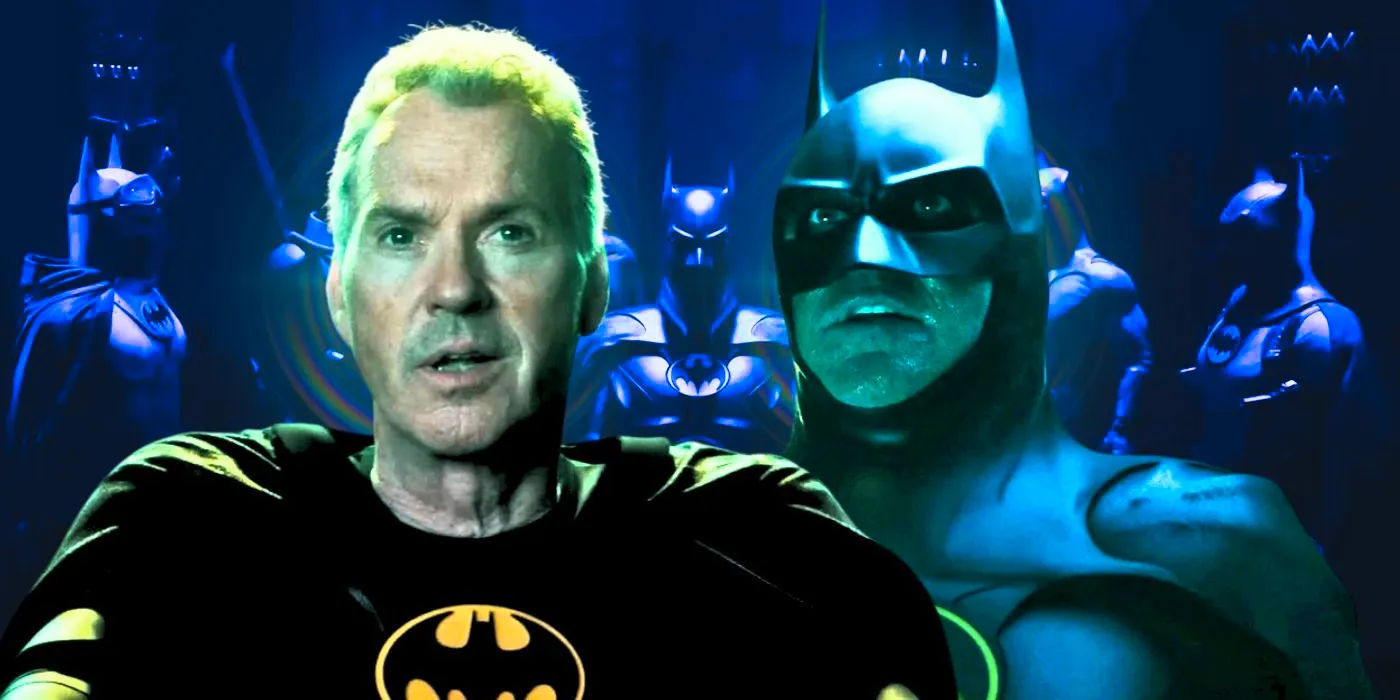 Michael Keaton as batman in the flash with and without his mask in front of batman suits Image