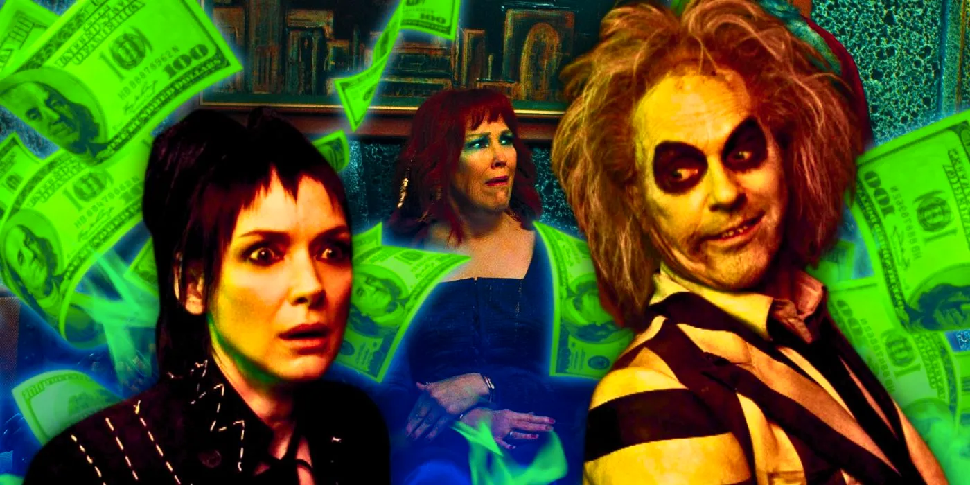 Michael Keaton as Betelgeuse, Catherine O'Hara as Delia, and Winona Ryder as Lydia Deetz in Beetlejuice 2 with money in the background Image