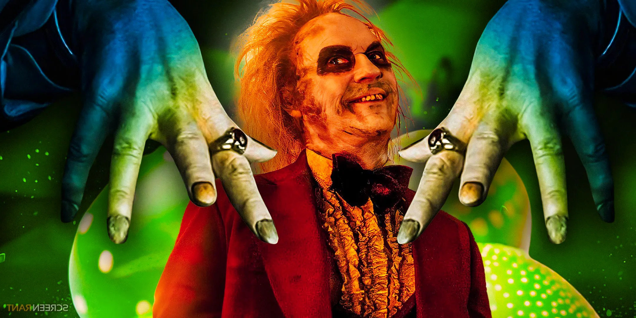 Michael Keaton in Beetlejuice 2 with creepy hands over this shoulders Image