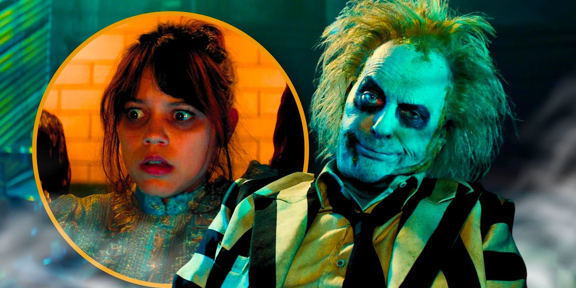 Michael Keaton smirking in Beetlejuice Beetlejuice combined with Astrid looking terrified Image