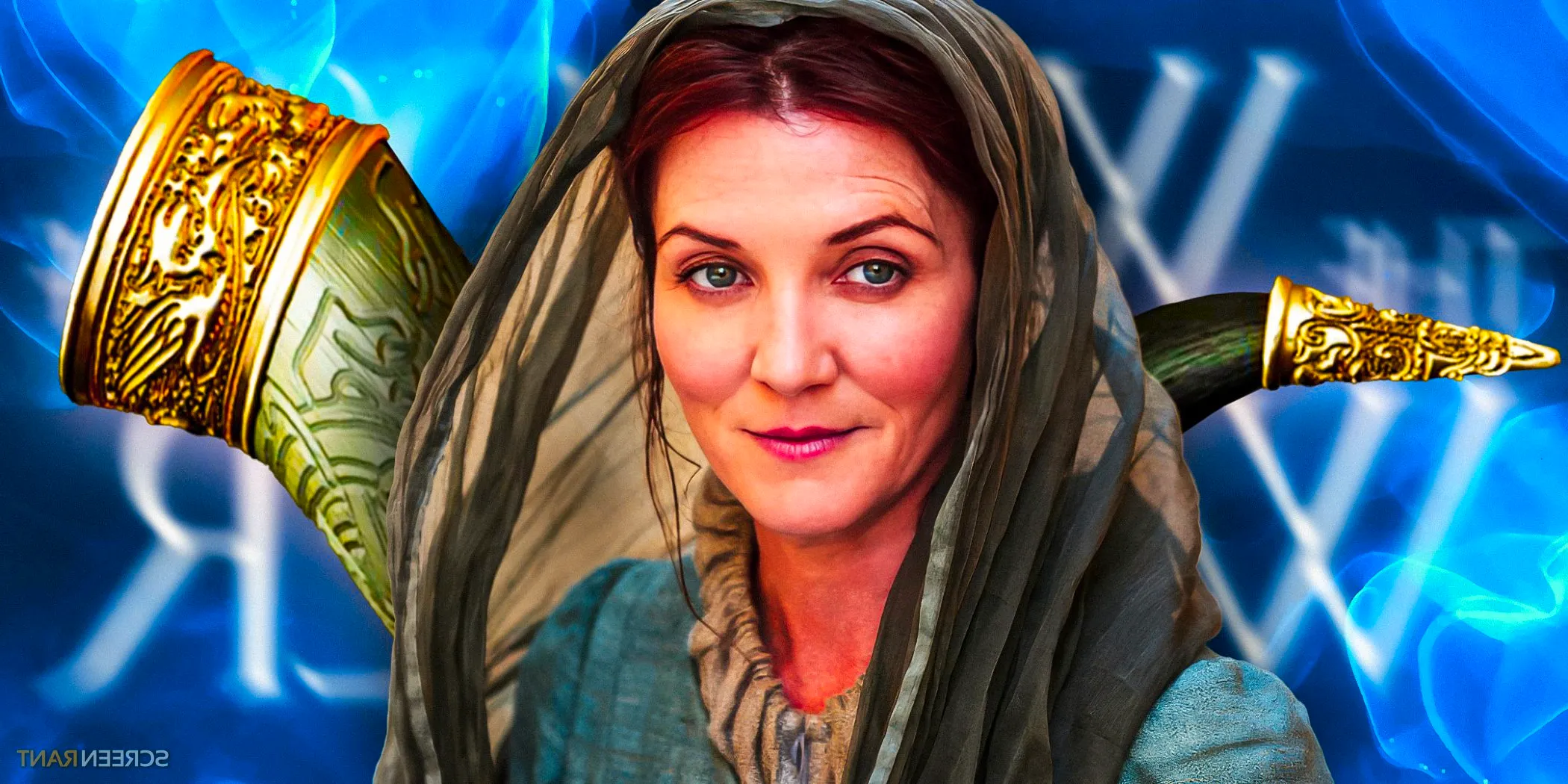 Michelle Fairley as Catelyn Stark, head covered by a scarf and with a horn in the background, in Game of Thrones Image