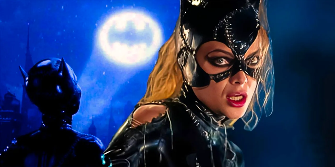 Michelle Pfeiffer as Catwoman Battle Damaged and Looking at the Bat Symbol in Batman Returns Image