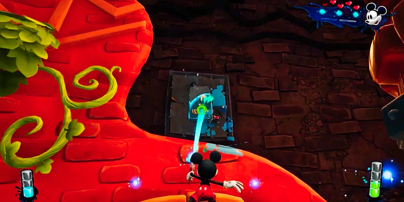 Mickey adding paint to a telephone power box in Ostown in Disney Epic Mickey Rebrushed Image