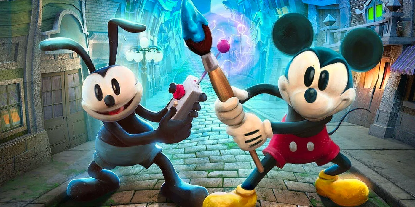 Mickey Mouse holding a paintbrush alongside Oswald the Rabbit who is holding a remote with a big red button in Epic Mickey 2 Image