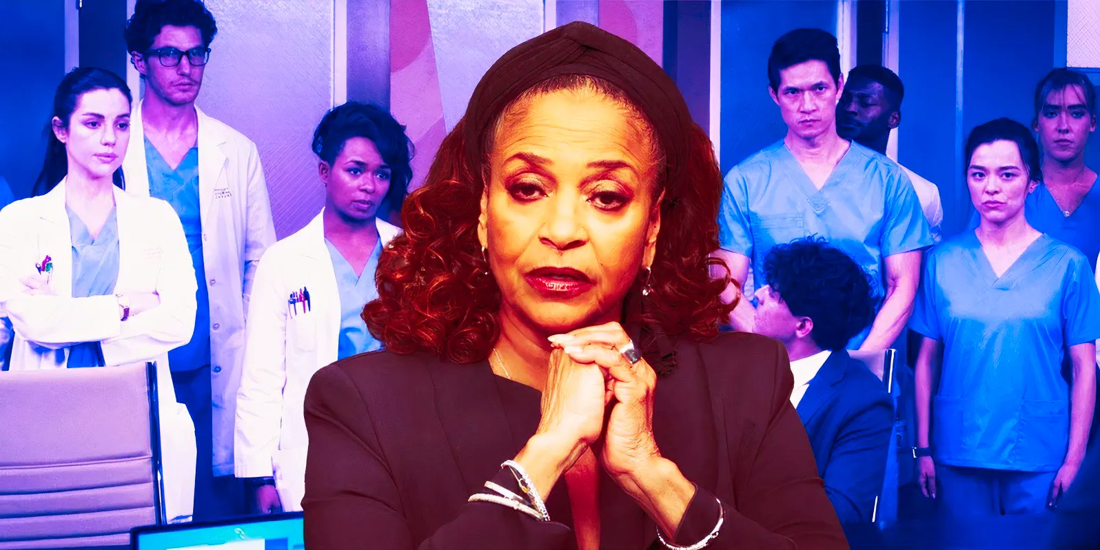 Midori Francis as Mika, Harry Shum Jr. as Blue, Niko Terho as Lucas, Debbie Allen as Catherine, Alexis Floyd as Simone and Adeleide Kane as Jules in Grey's Anatomy season 20's finale-1 Image