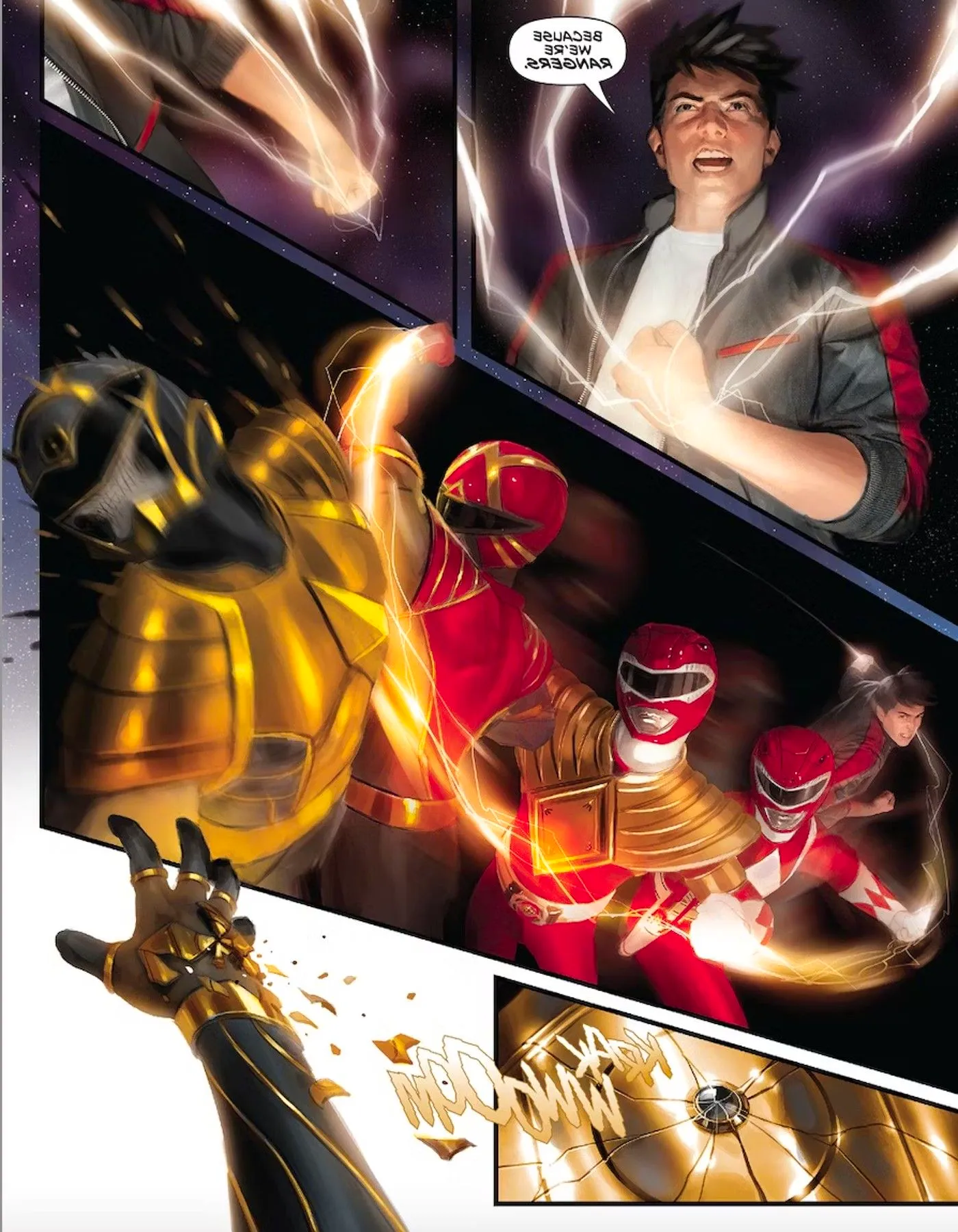 Mighty Morphin Power Rangers #100, Jason the Red Omega, defeats the Death Ranger. Image