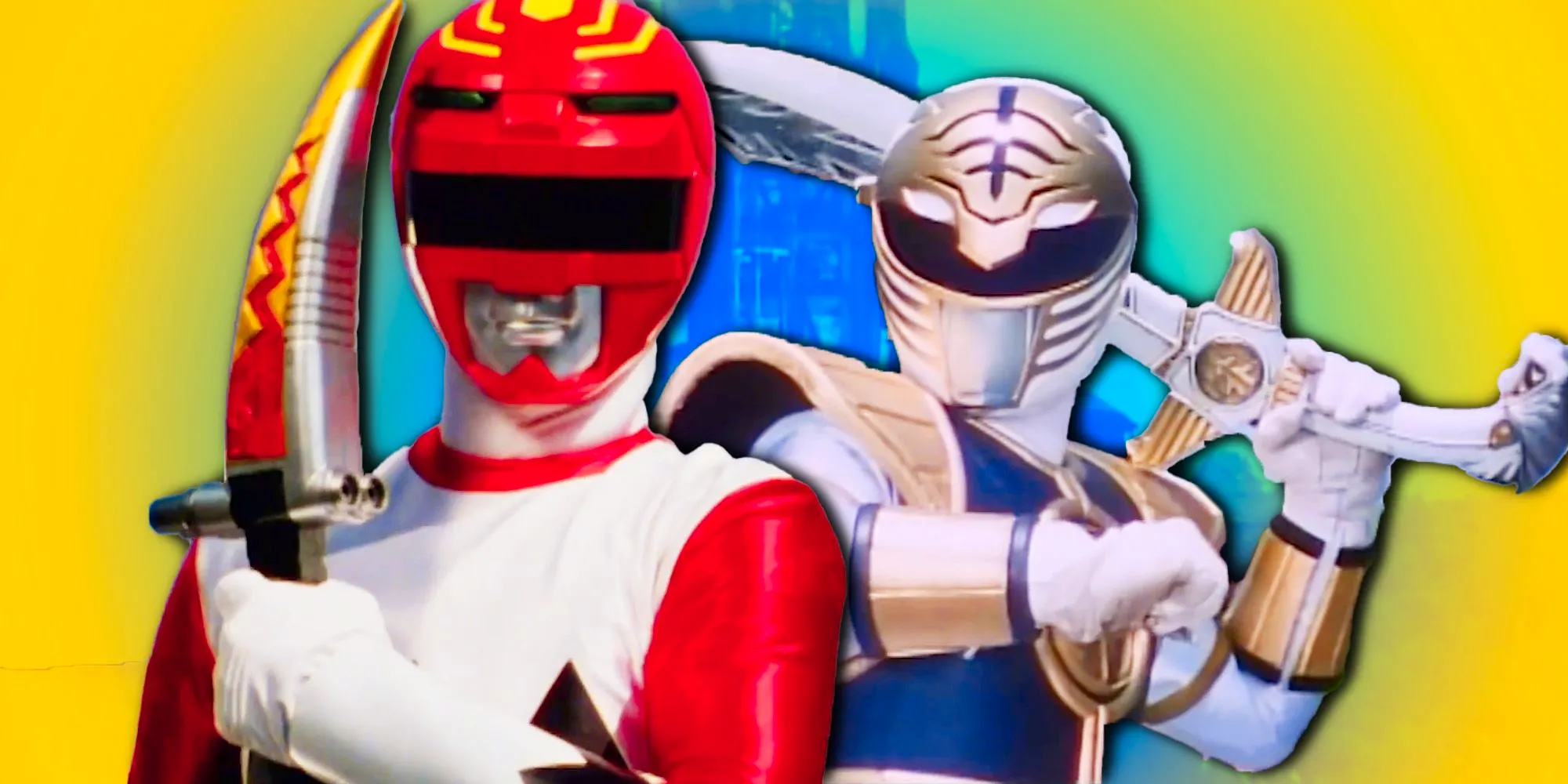 Mighty Morphin White Ranger Tommy Oliver wielding Saba and Power Rangers Lost Galaxy's Red Ranger Leo Image