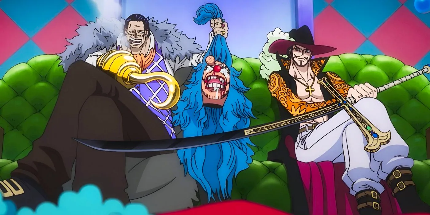 Mihawk and Crocodile decide to use Buggy as a figurehead for the Cross Guild in One Piece. Image