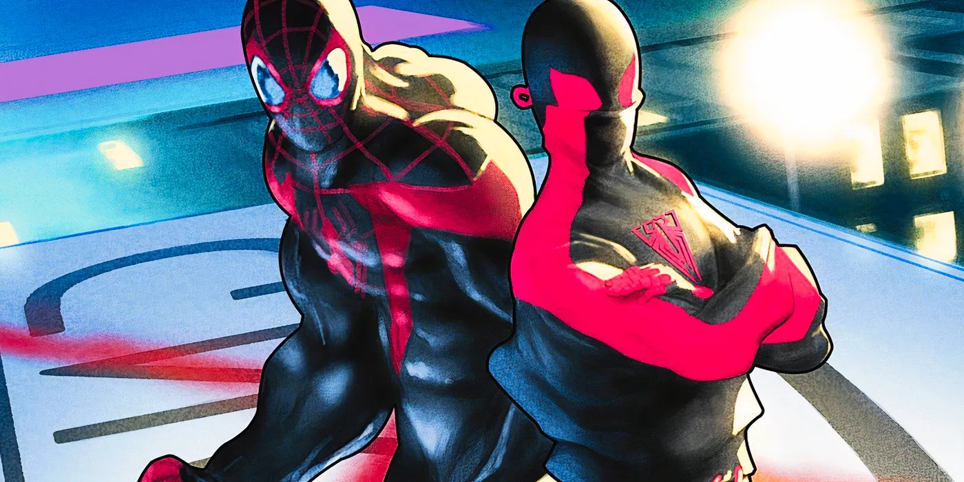 Miles Morales and Shift stand back-to-back. Image