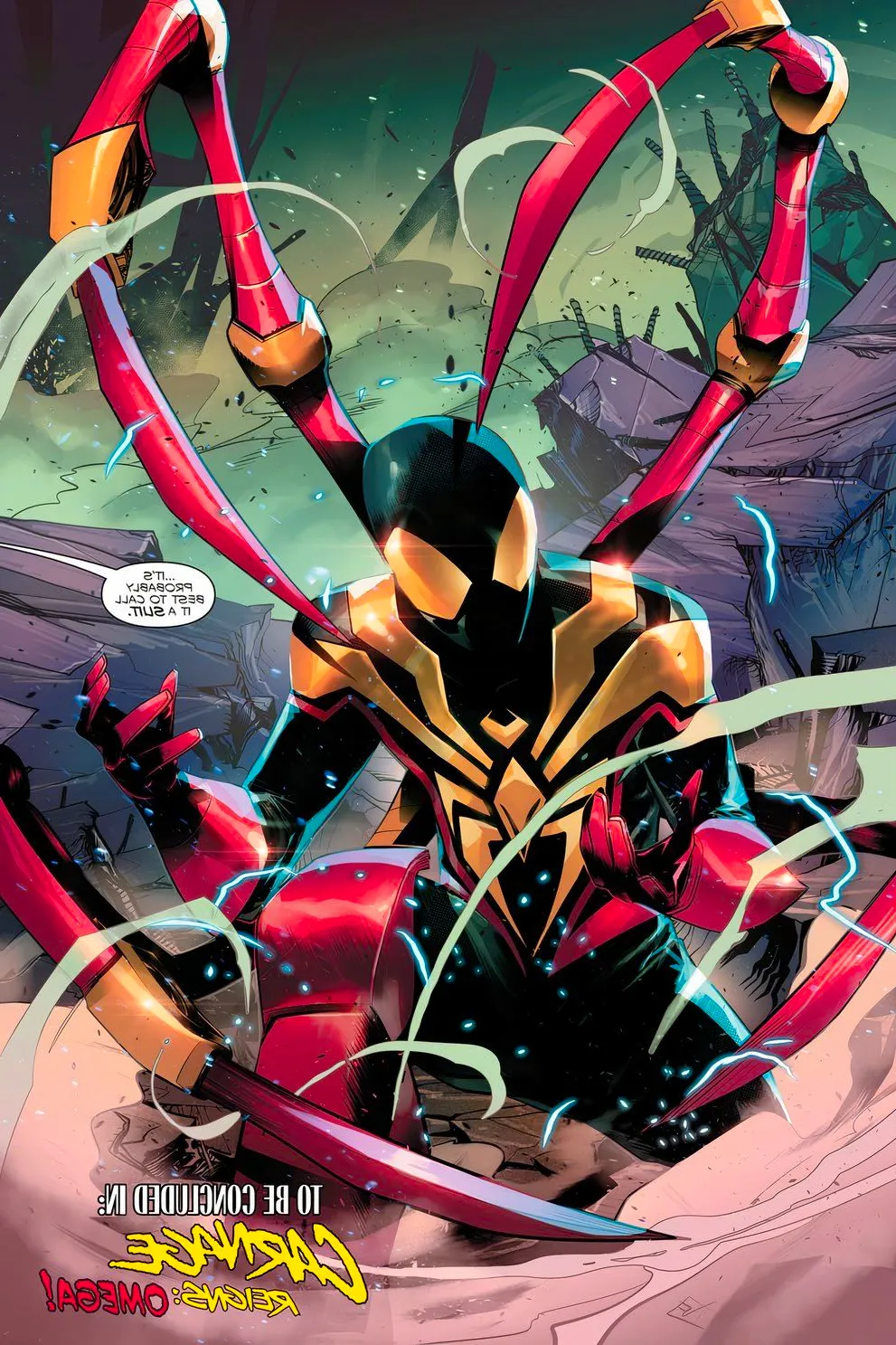 Miles Morales crouched wearing a new and improved Iron Spider suit Image